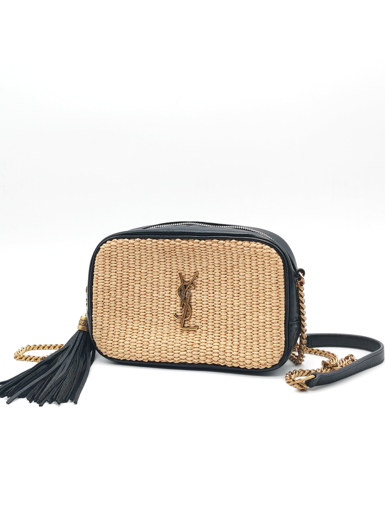 Lou Camera Bag in Black Trimmed Raffia Canvas | Purse Maison Luxury Bags Shop