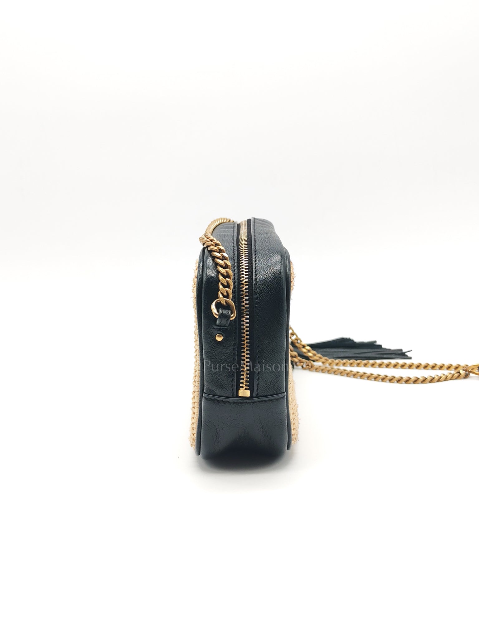 Lou Camera Bag in Black Trimmed Raffia Canvas | Purse Maison Luxury Bags Shop