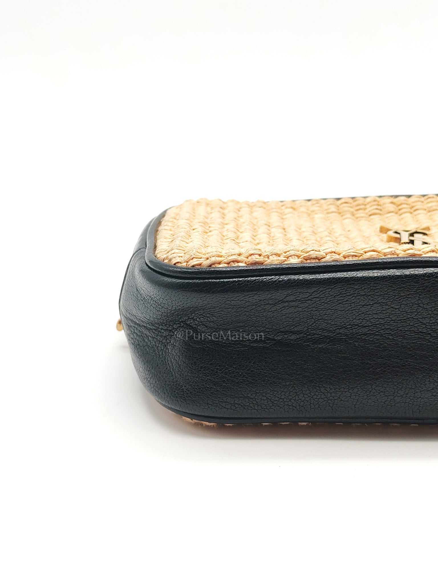 Lou Camera Bag in Black Trimmed Raffia Canvas | Purse Maison Luxury Bags Shop
