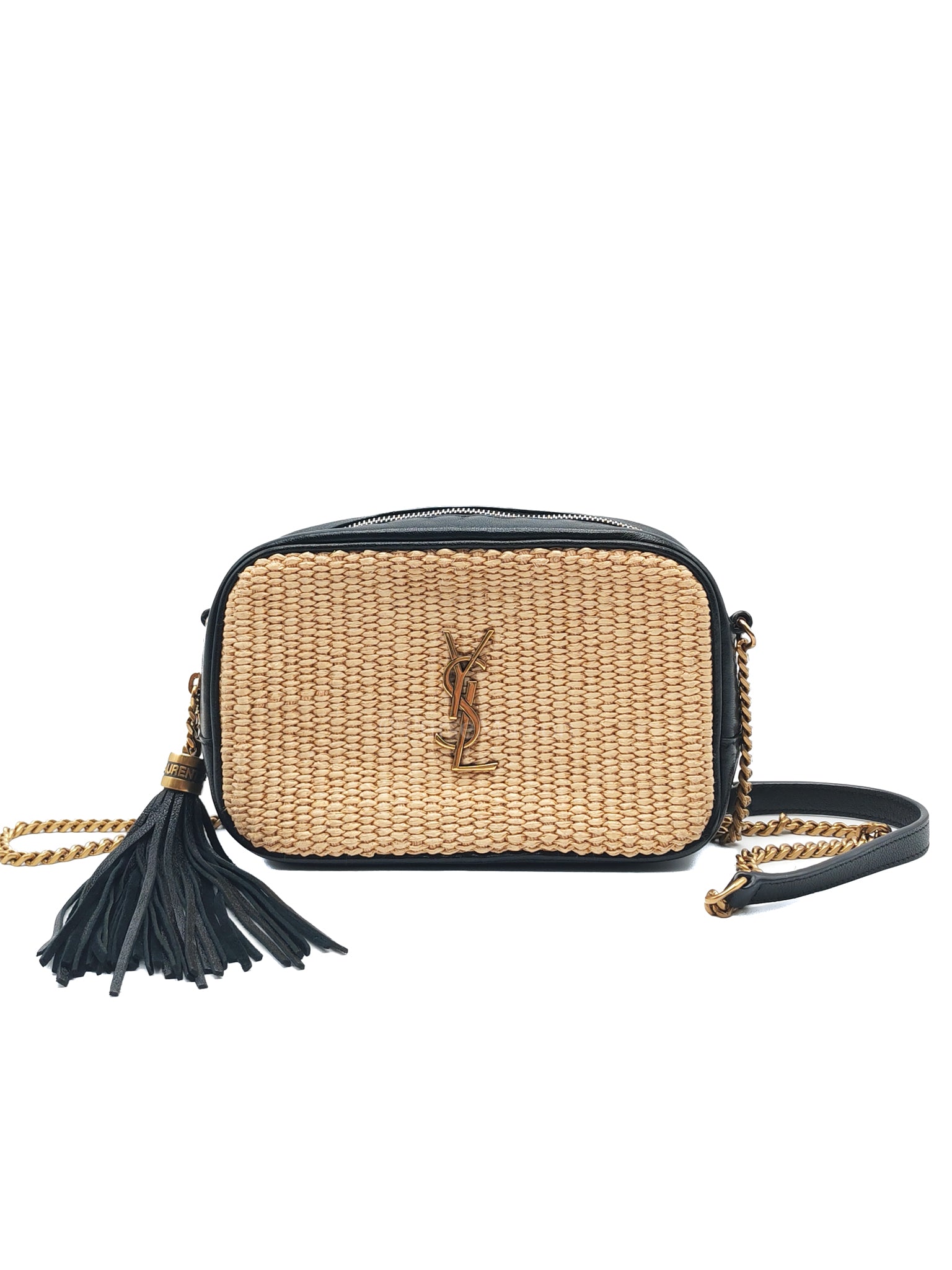 Lou Camera Bag in Black Trimmed Raffia Canvas | Purse Maison Luxury Bags Shop