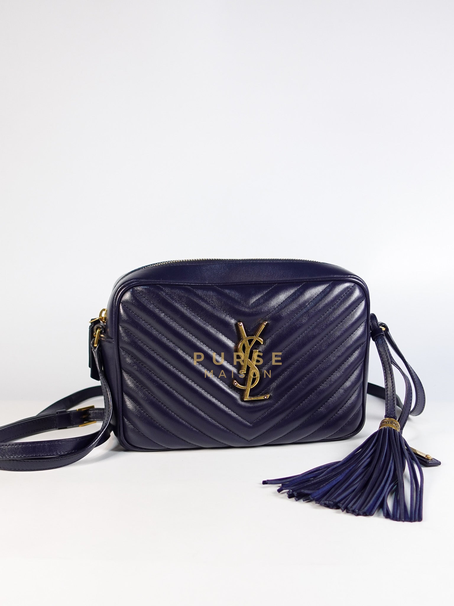 Lou Camera Bag in Navy Blue Calfskin Leather & Gold Hardware | Purse Maison Luxury Bags Shop