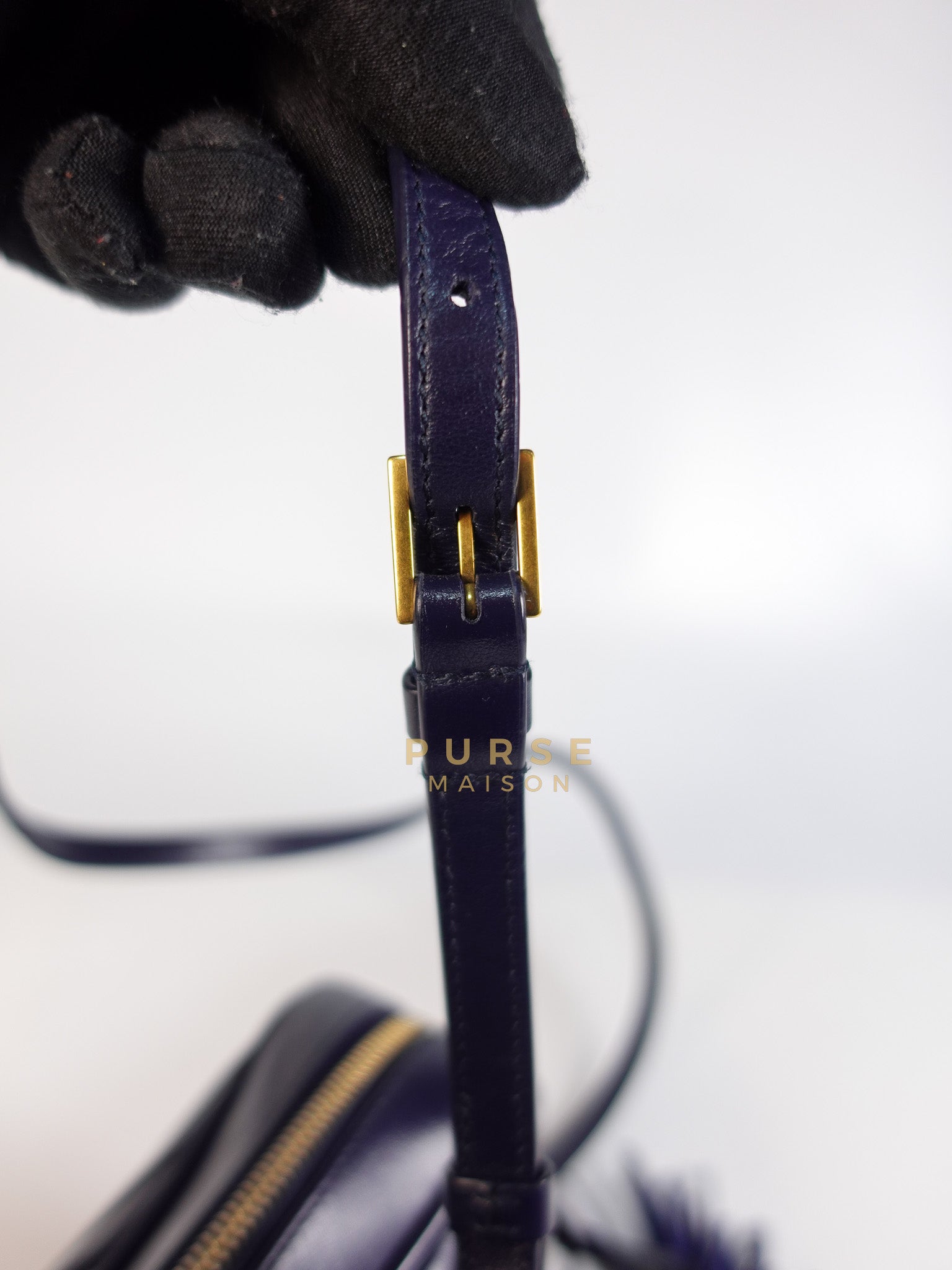Lou Camera Bag in Navy Blue Calfskin Leather & Gold Hardware | Purse Maison Luxury Bags Shop