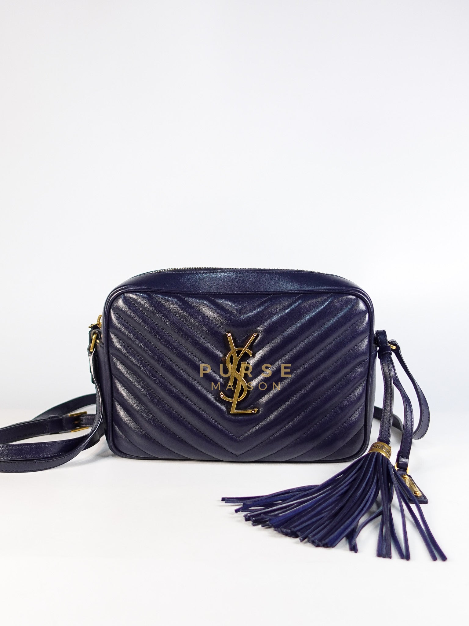 Lou Camera Bag in Navy Blue Calfskin Leather & Gold Hardware | Purse Maison Luxury Bags Shop
