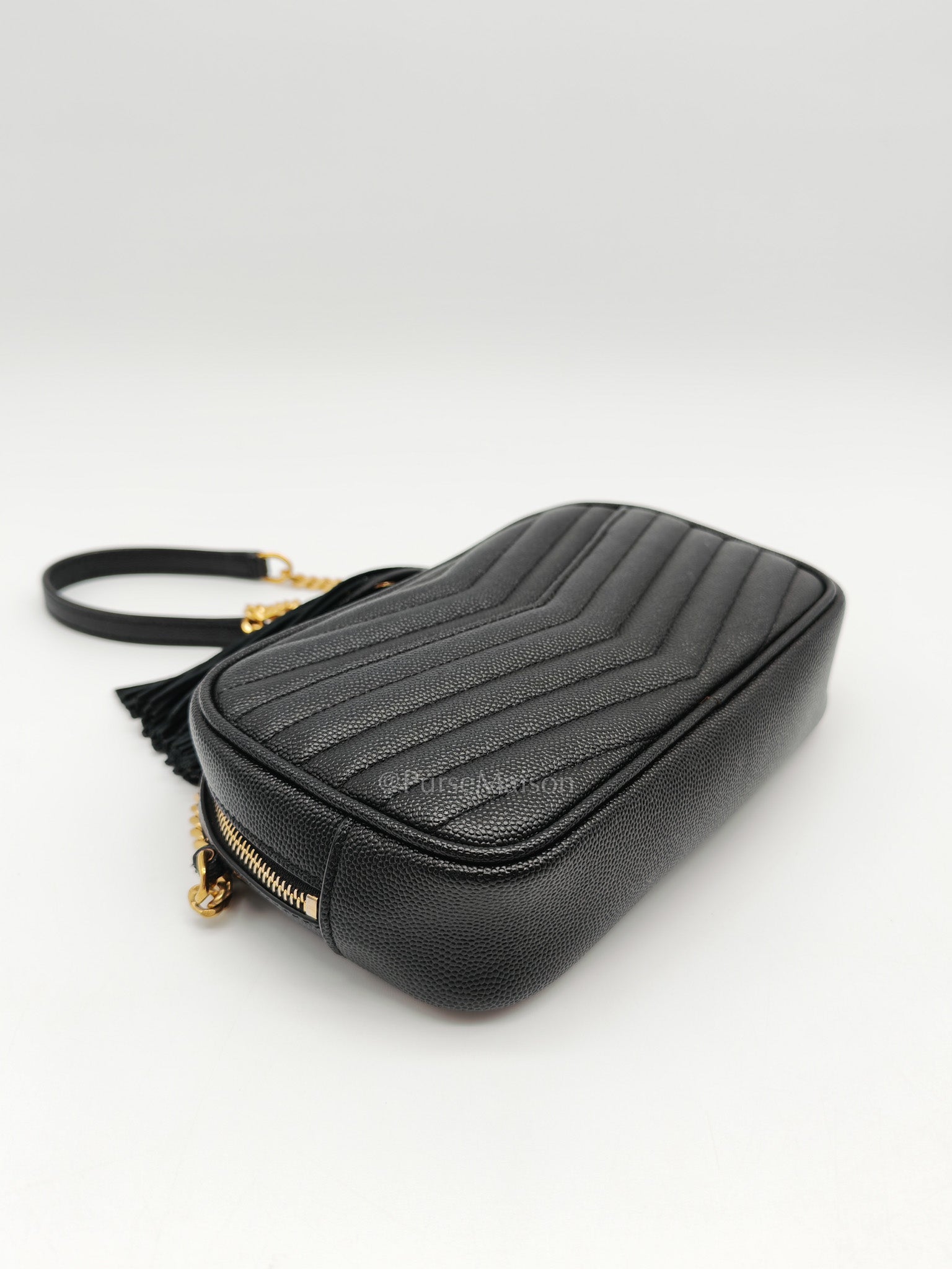 Lou Camera Bag Mini in Black Chevron Quilted Shiny Grained Calfskin Leather and Gold Hardware | Purse Maison Luxury Bags Shop