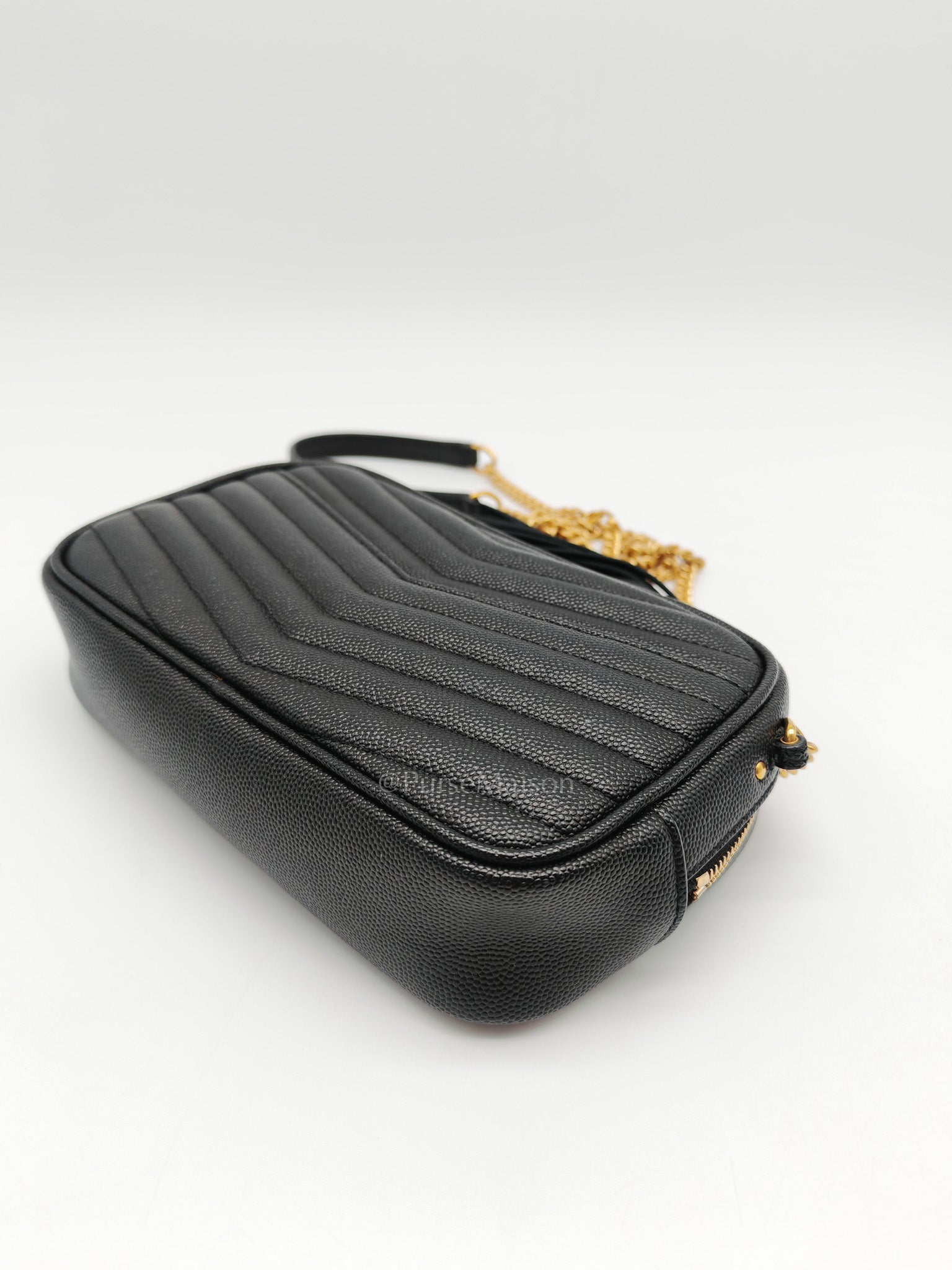 Lou Camera Bag Mini in Black Chevron Quilted Shiny Grained Calfskin Leather and Gold Hardware | Purse Maison Luxury Bags Shop