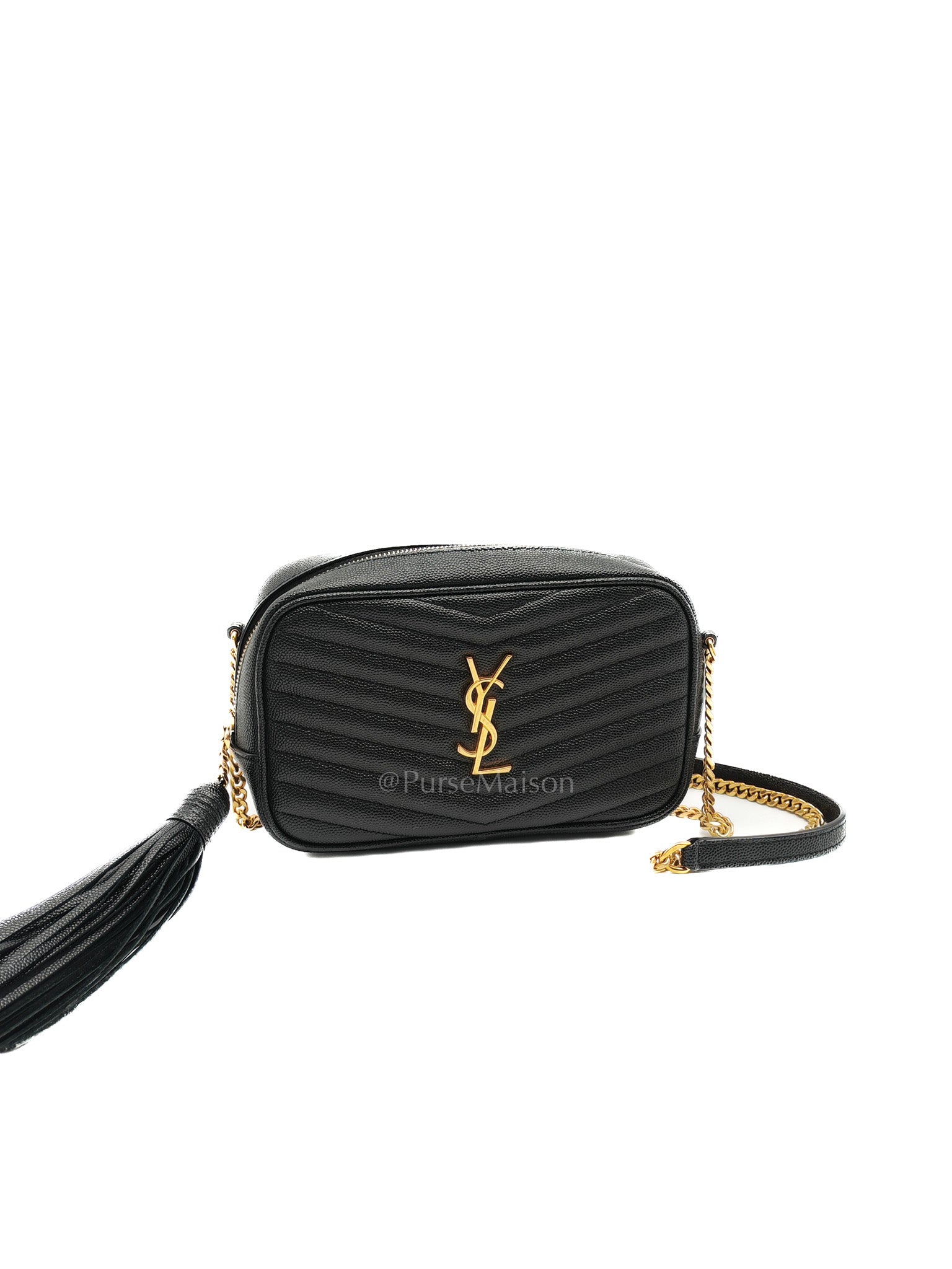 Lou Camera Bag Mini in Black Chevron Quilted Shiny Grained Calfskin Leather and Gold Hardware | Purse Maison Luxury Bags Shop