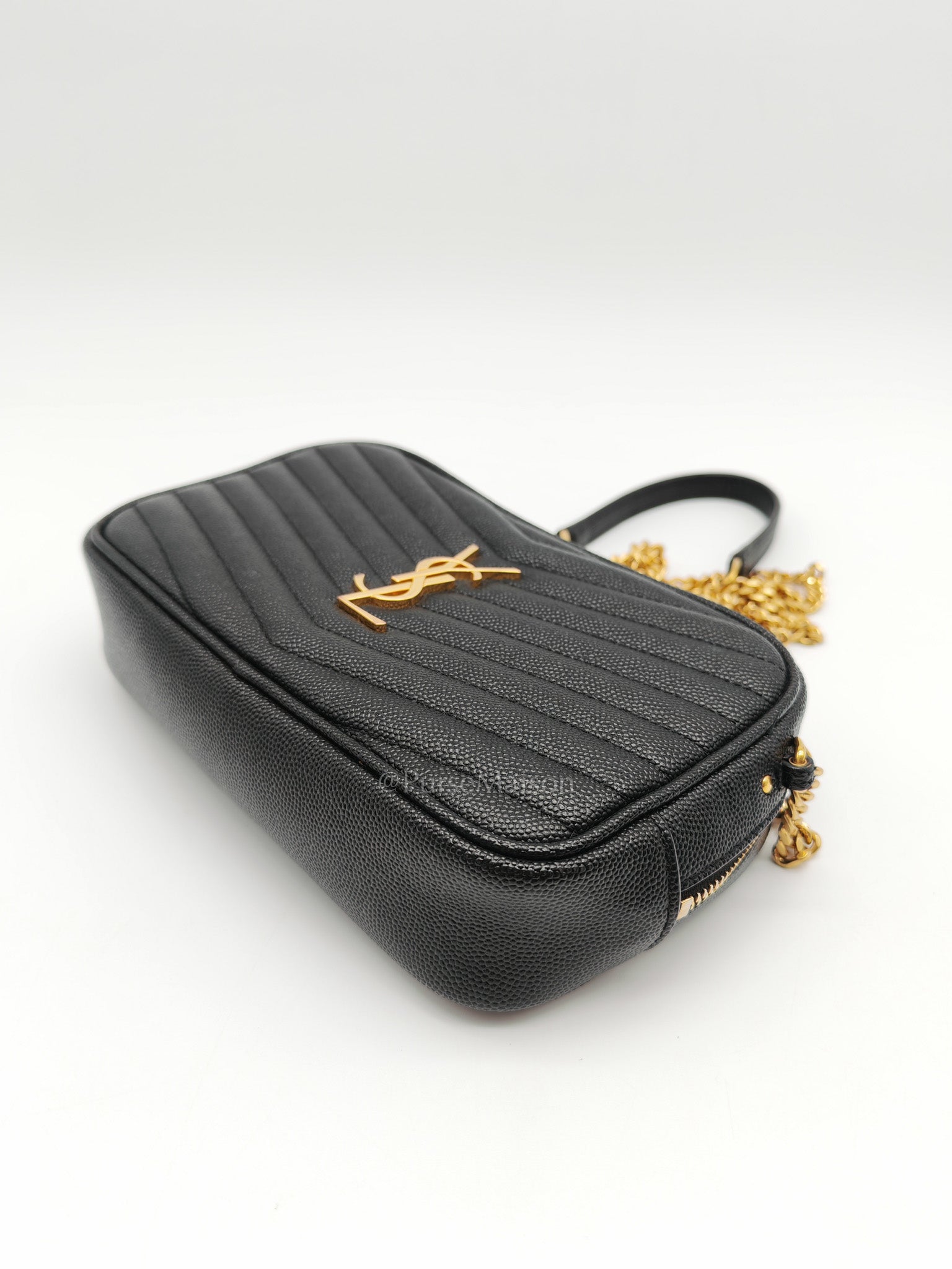 Lou Camera Bag Mini in Black Chevron Quilted Shiny Grained Calfskin Leather and Gold Hardware | Purse Maison Luxury Bags Shop