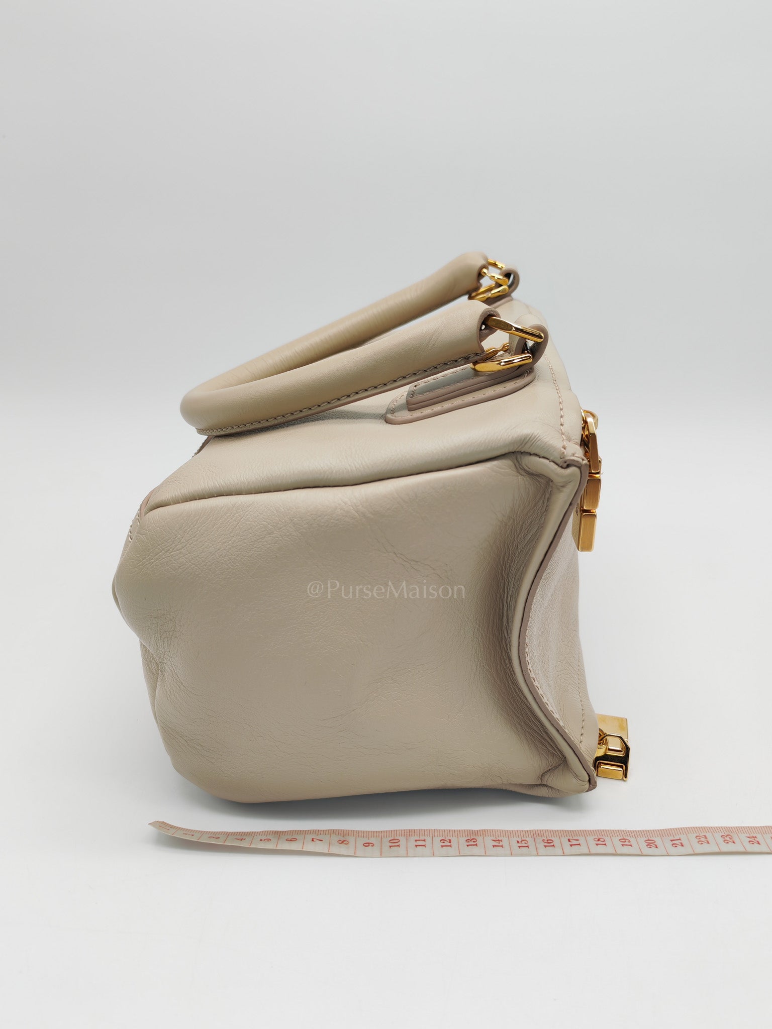 Pandora Bag Small in Beige Calfskin Leather & Gold Hardware