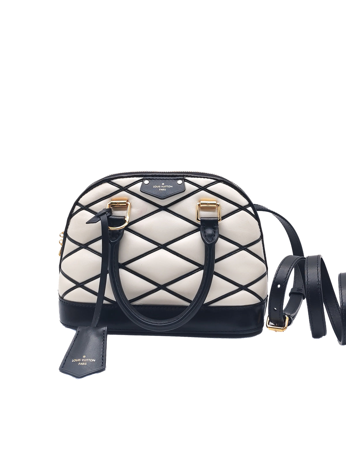 Louis Vuitton Alma BB in Malletage White and Black Lambskin Leather Gold Hardware Microchip | Purse Maison Luxury Bags Shop