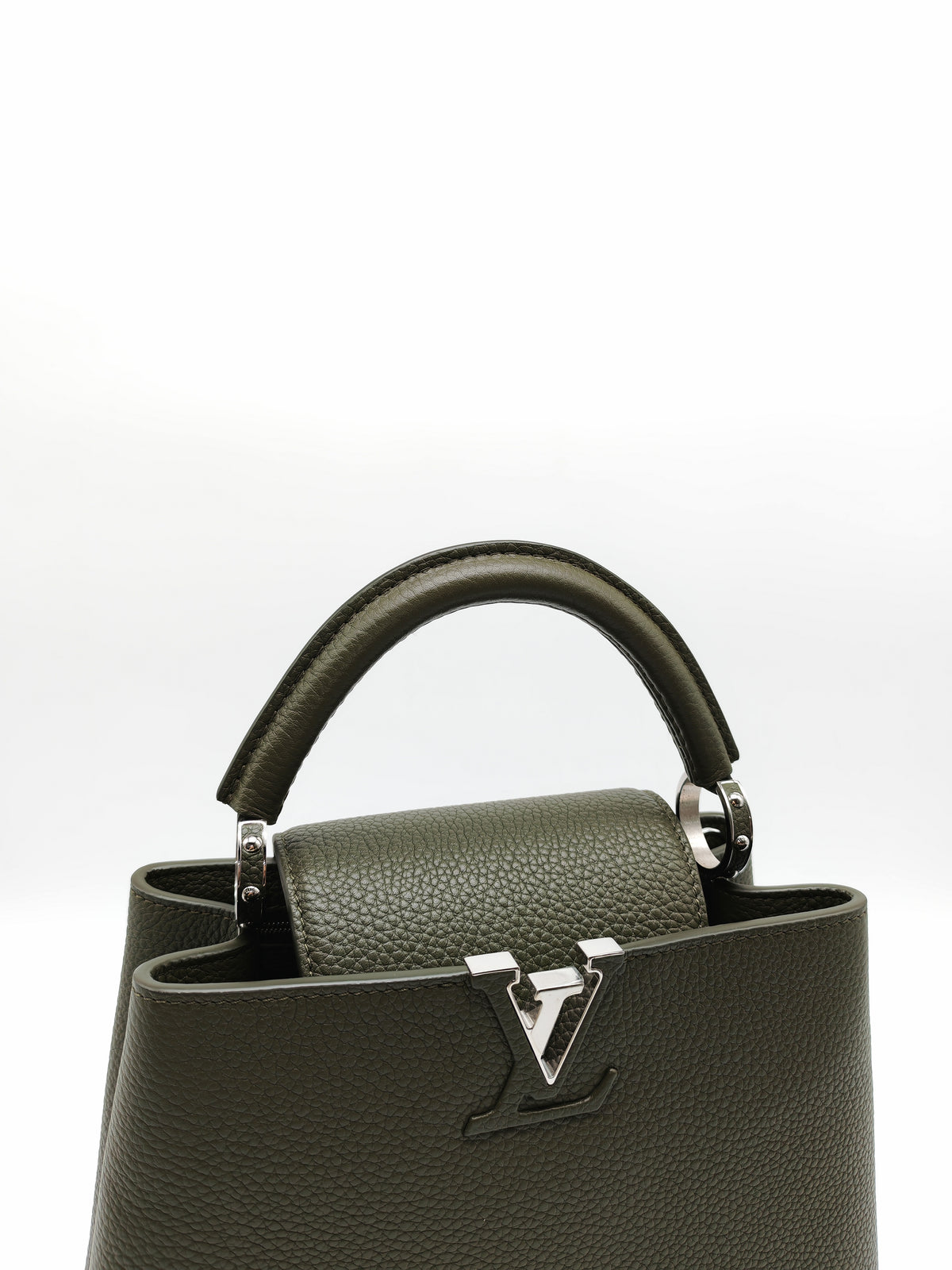 Louis Vuitton Capucines BB in Khaki Green Taurillon Leather and Silver Hardware Microchip | Purse Maison Luxury Bags Shop