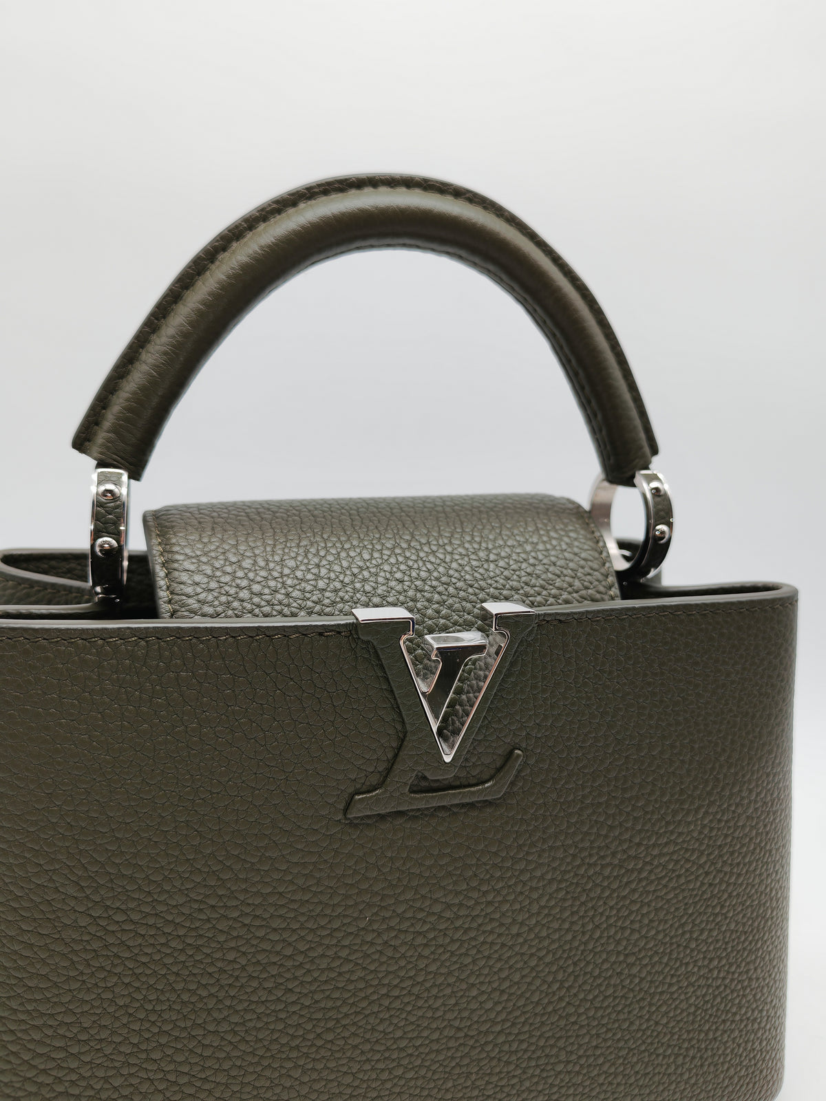 Louis Vuitton Capucines BB in Khaki Green Taurillon Leather and Silver Hardware Microchip | Purse Maison Luxury Bags Shop