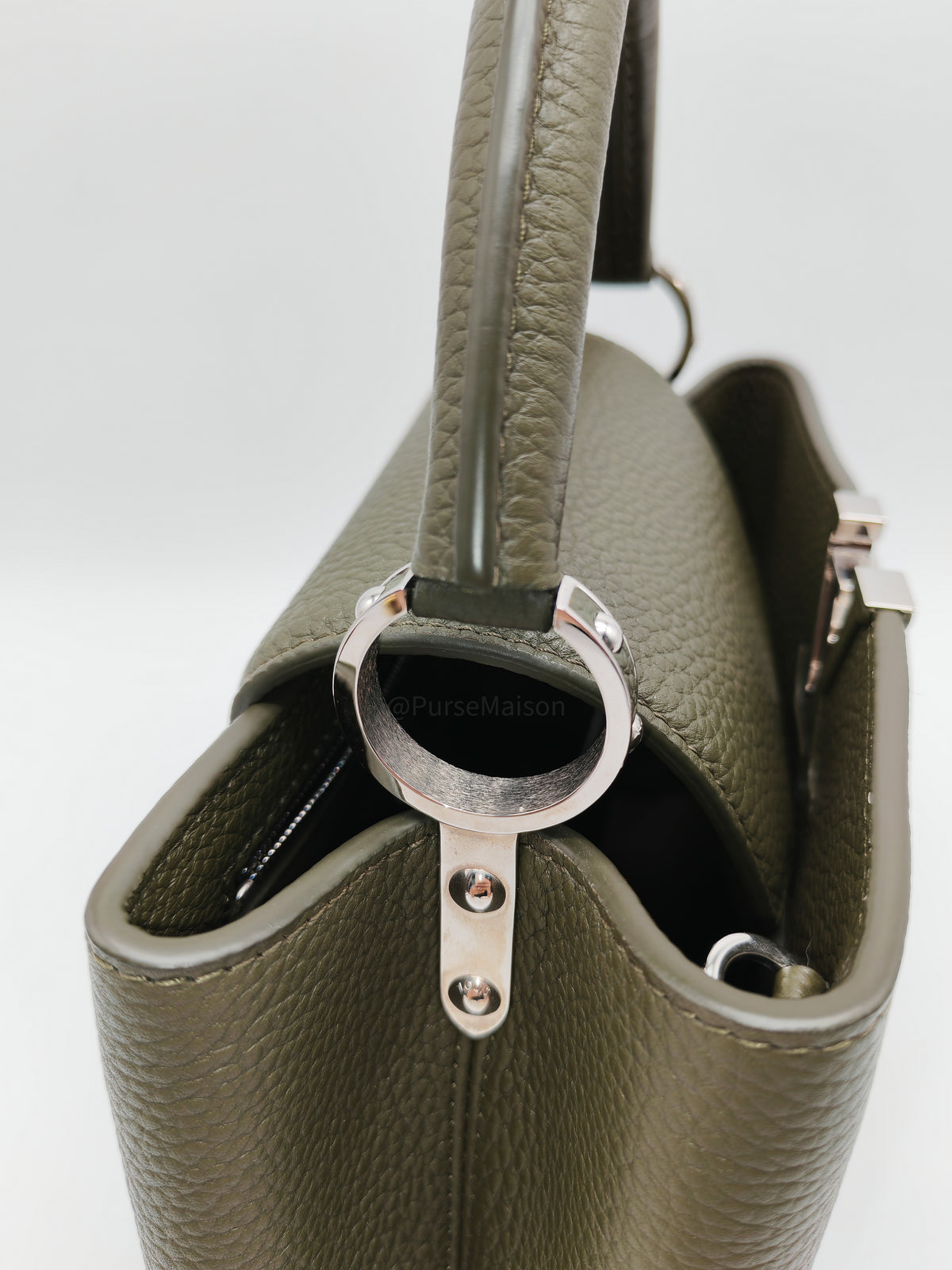 Louis Vuitton Capucines BB in Khaki Green Taurillon Leather and Silver Hardware Microchip | Purse Maison Luxury Bags Shop
