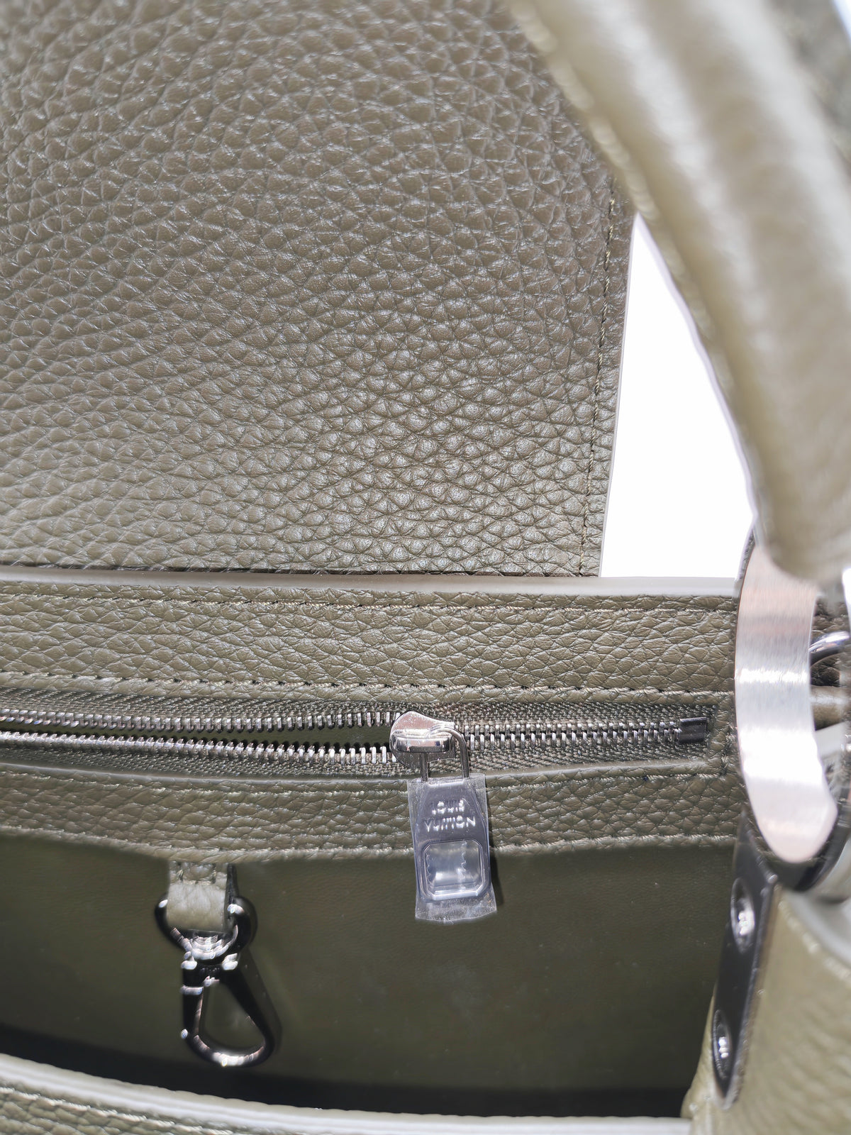 Louis Vuitton Capucines BB in Khaki Green Taurillon Leather and Silver Hardware Microchip | Purse Maison Luxury Bags Shop