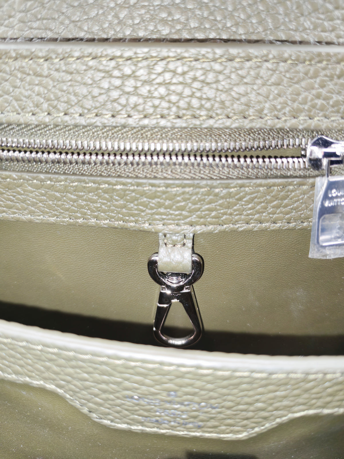 Louis Vuitton Capucines BB in Khaki Green Taurillon Leather and Silver Hardware Microchip | Purse Maison Luxury Bags Shop
