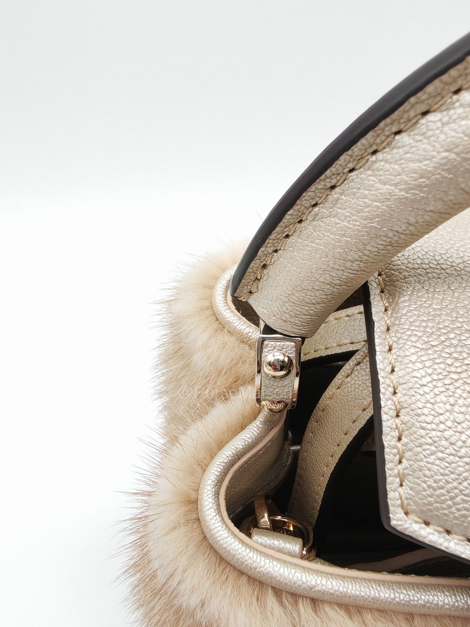 Louis Vuitton Capucines Handbag in Metallic Gold Goatskin Leather & Mink Fur (Microchip) | Purse Maison Luxury Bags Shop