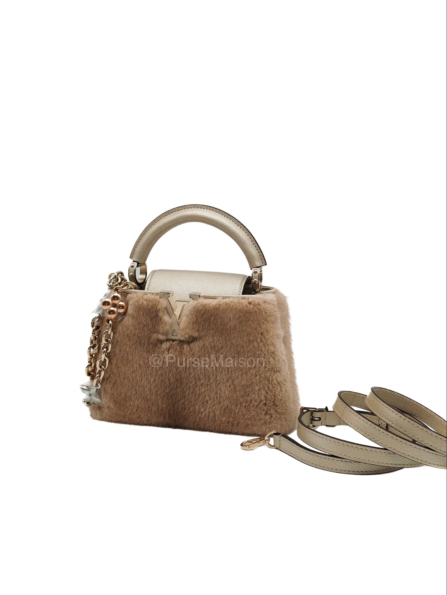 Louis Vuitton Capucines Handbag in Metallic Gold Goatskin Leather & Mink Fur (Microchip) | Purse Maison Luxury Bags Shop