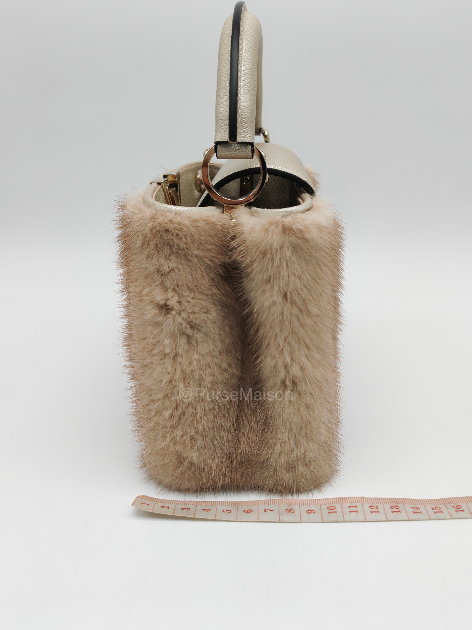 Louis Vuitton Capucines Handbag in Metallic Gold Goatskin Leather & Mink Fur (Microchip) | Purse Maison Luxury Bags Shop