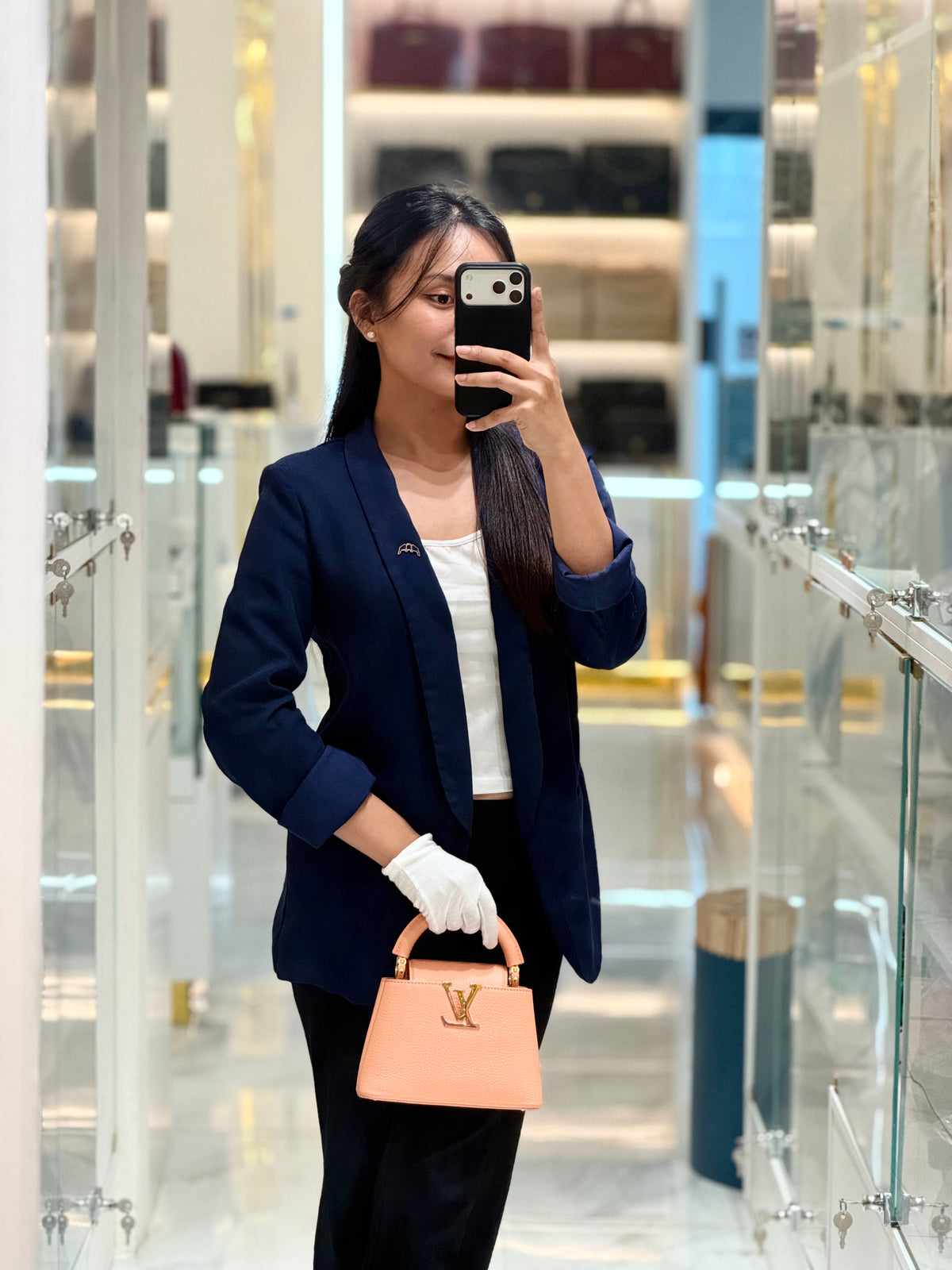 Louis Vuitton Capucines Mini Handbag in Peach Taurillon Leather and Iridescent Rainbow Hardware Microchip | Purse Maison Luxury Bags Shop