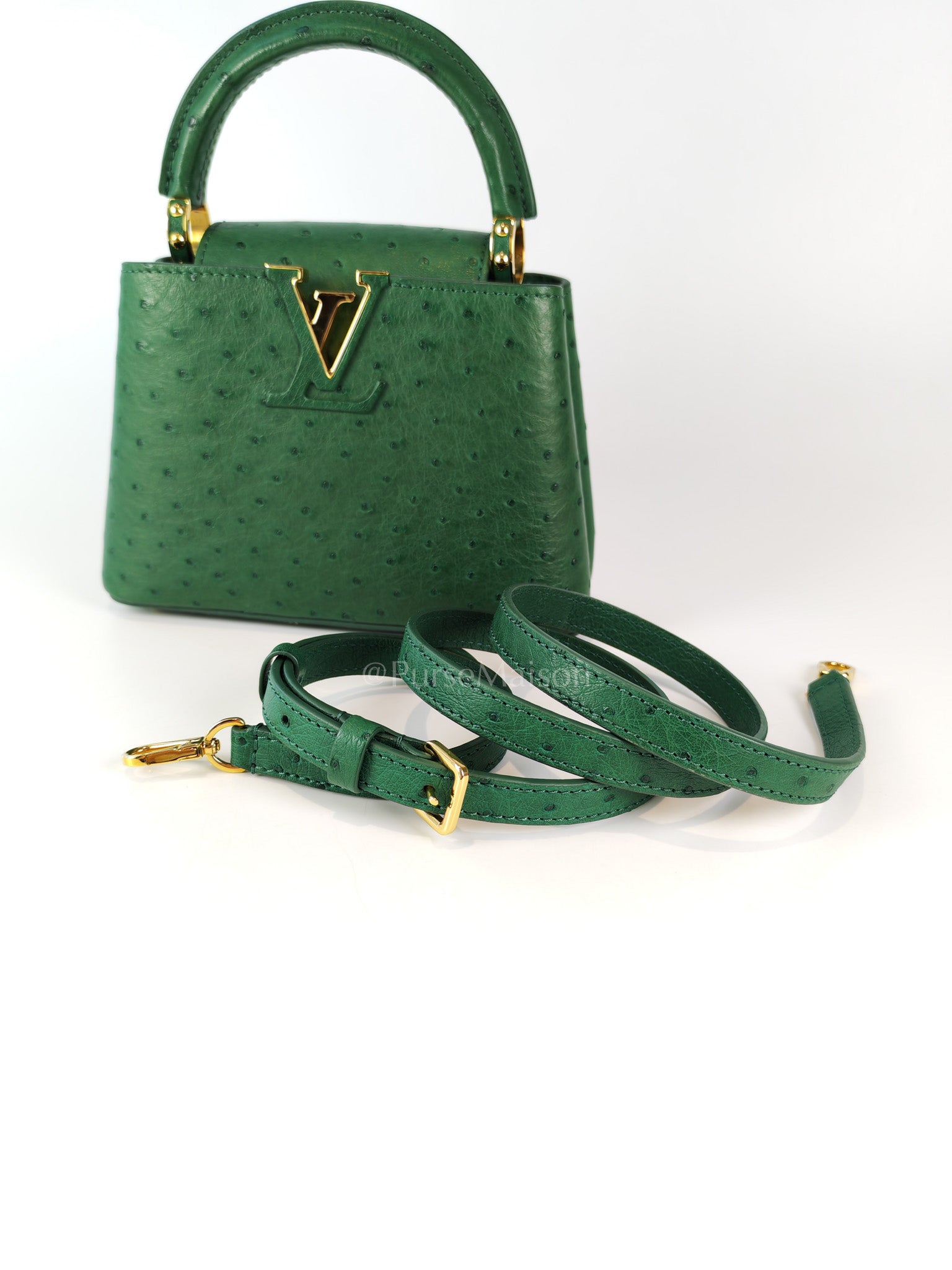 Mini Capuccines in Green Ostrich & Goat Leather Lining (Microchip) | Purse Maison Luxury Bags Shop