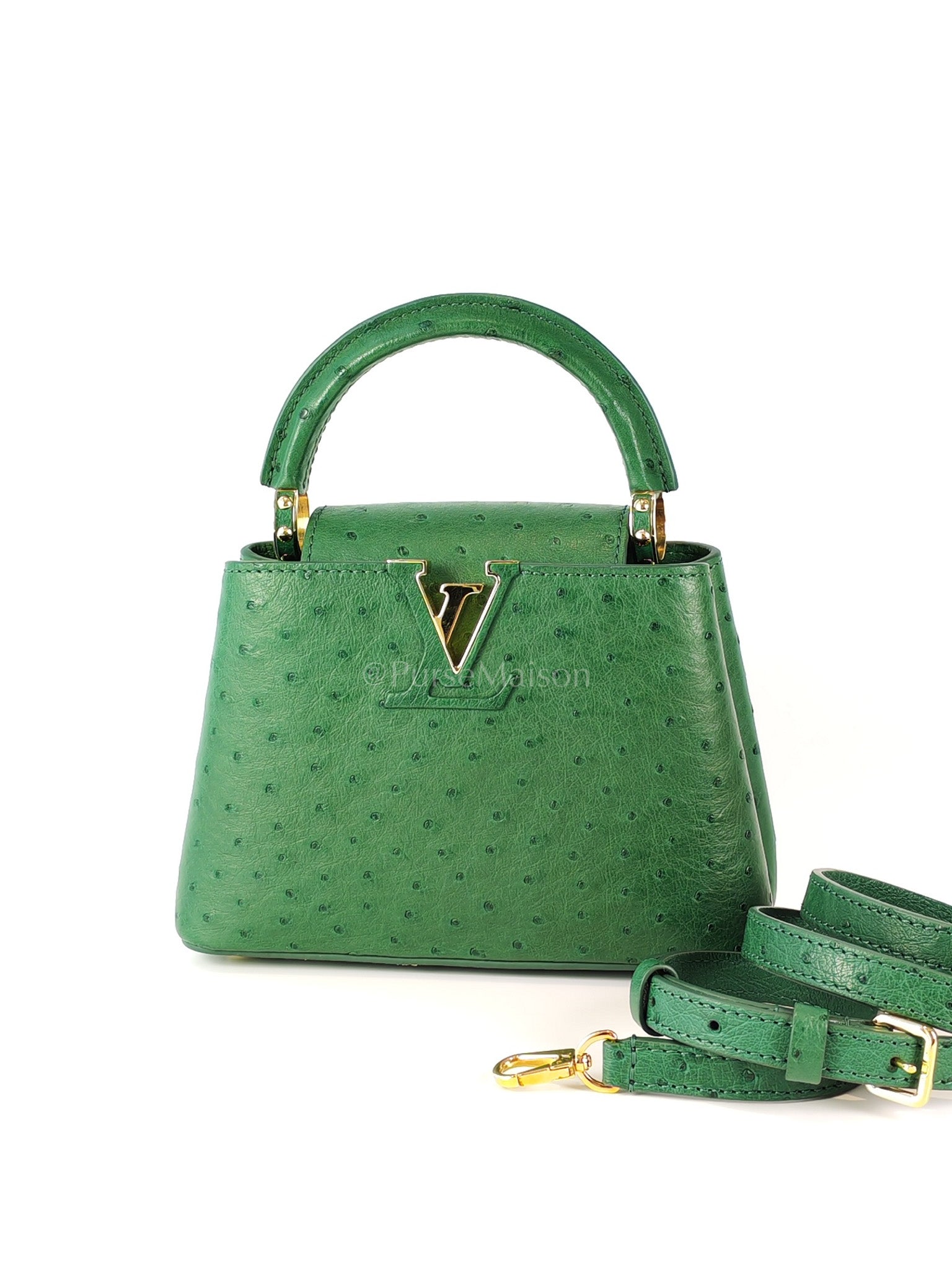 Mini Capuccines in Green Ostrich & Goat Leather Lining (Microchip) | Purse Maison Luxury Bags Shop