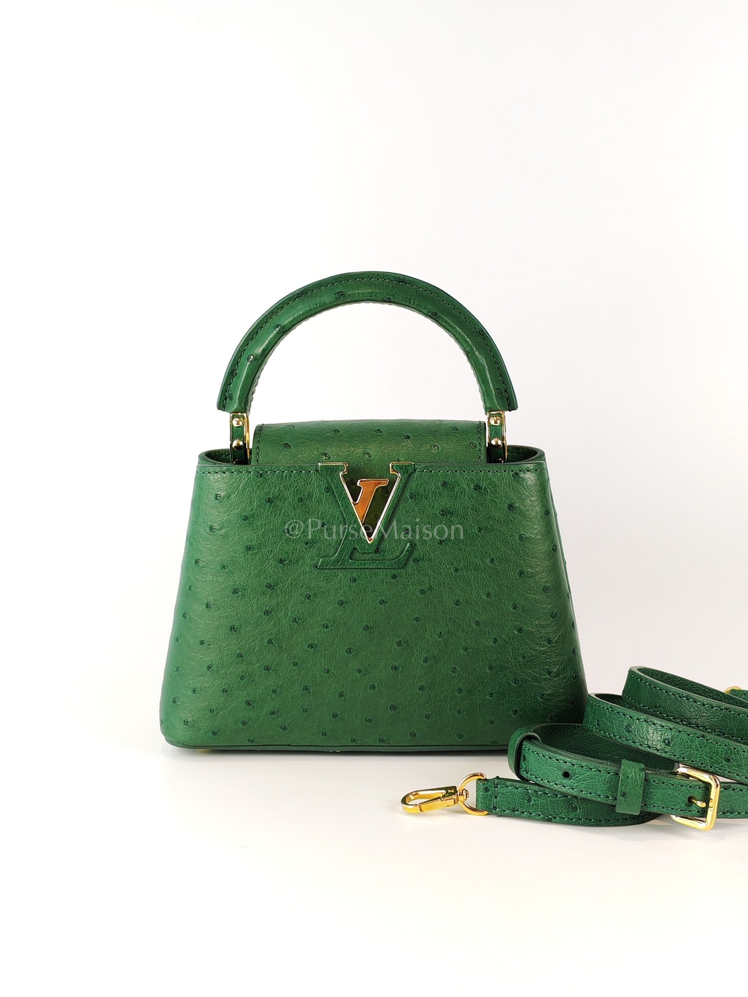 Mini Capuccines in Green Ostrich & Goat Leather Lining (Microchip) | Purse Maison Luxury Bags Shop