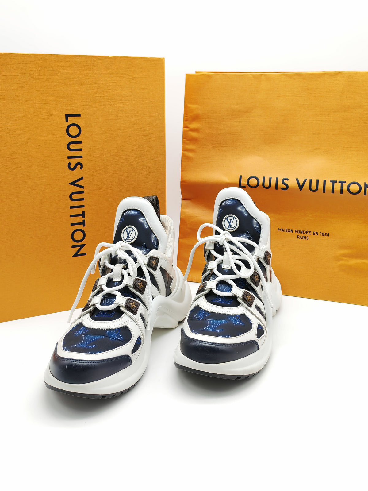 Louis Vuitton Monogram Archlight Sneakers in White and Navy Blue Size 37 EU (24cm) | Purse Maison Luxury Bags Shop