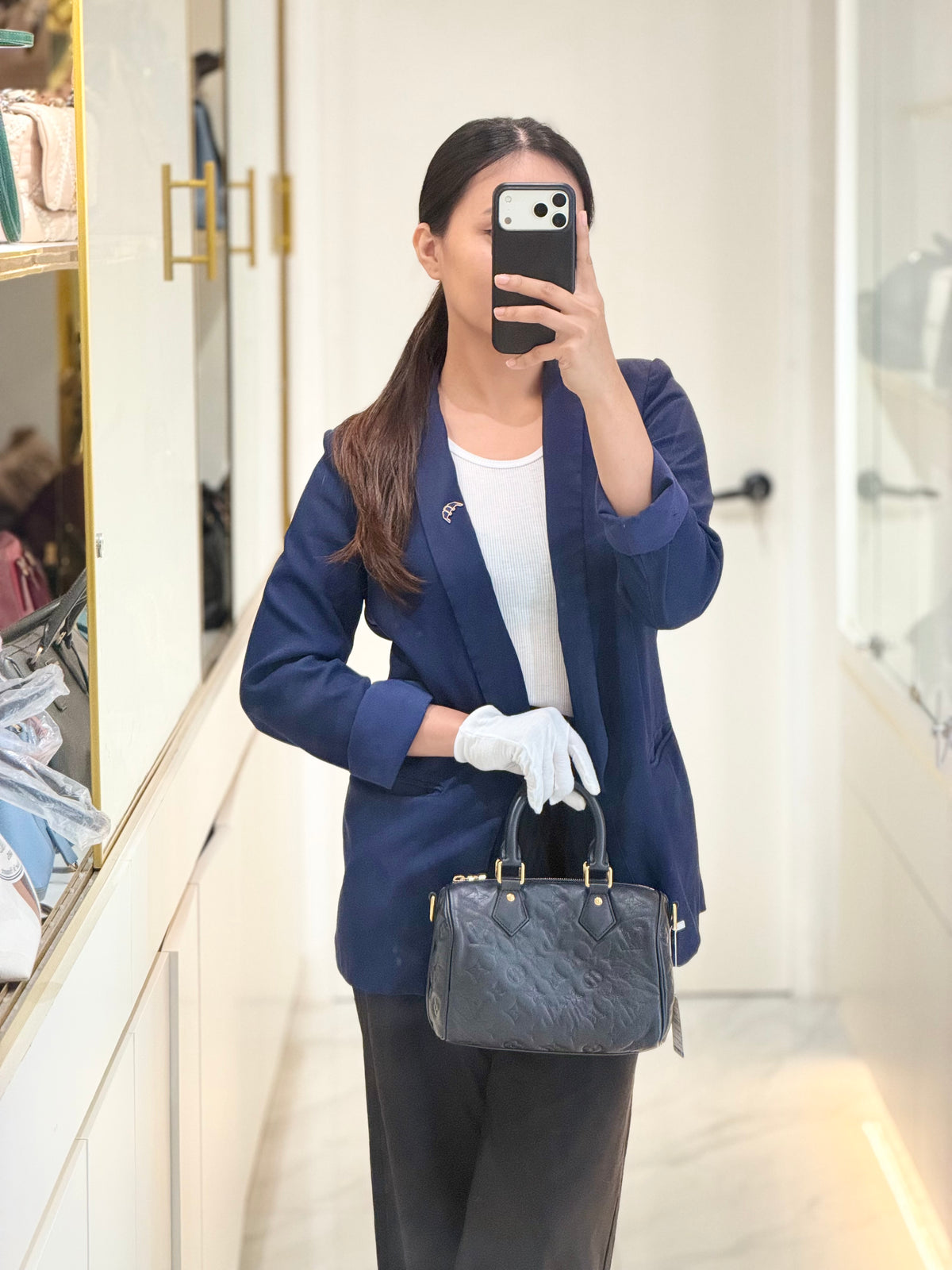Louis Vuitton Speedy Bandouliere 22 in Black Monogram Empreinte Lambskin Leather and Gold Hardware Microchip | Purse Maison Luxury Bags Shop