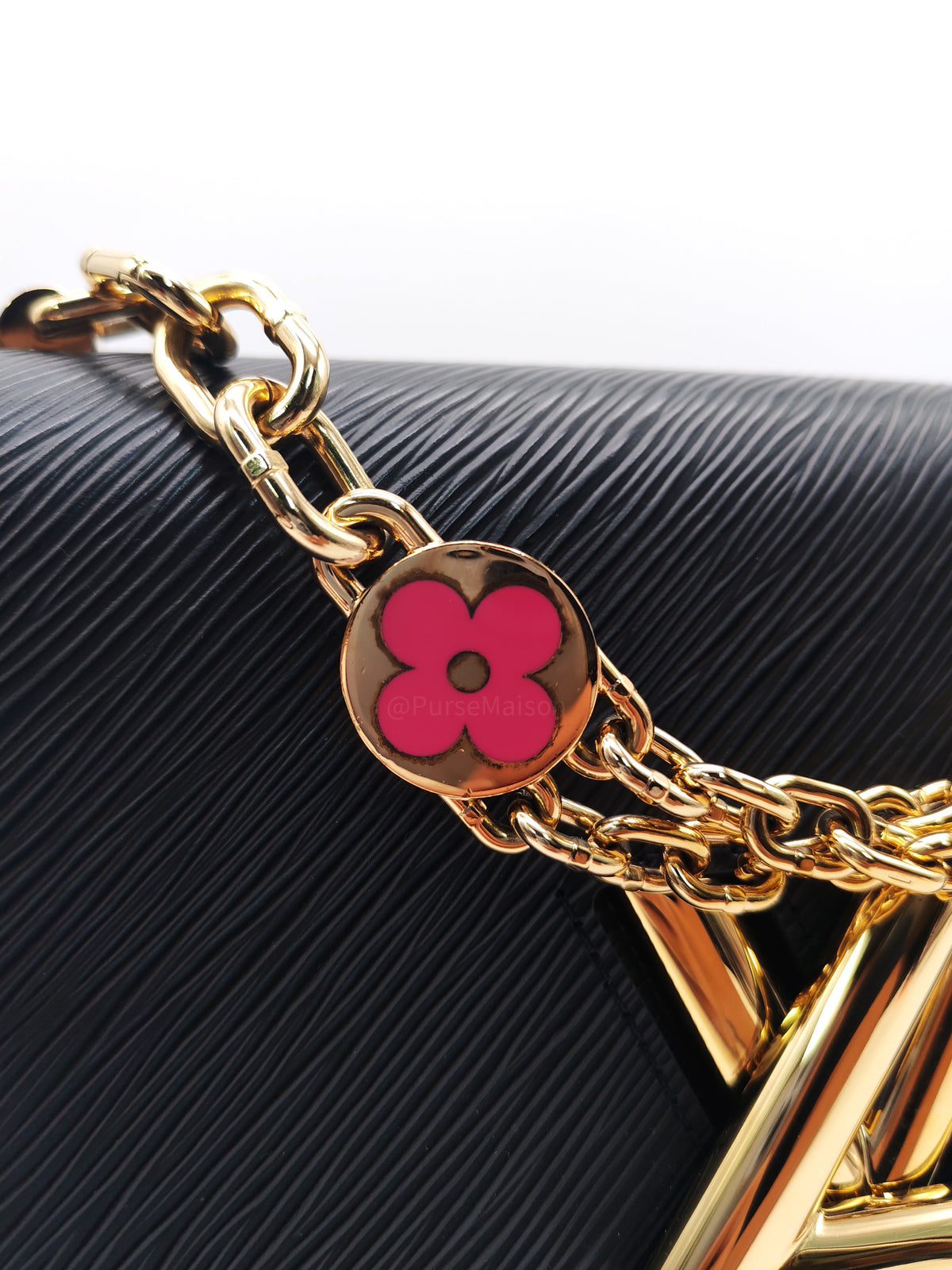 Louis Vuitton Twist Bag MM in Black Epi Leather Monogram Flower Chain and Light Gold Hardware Microchip | Purse Maison Luxury Bags Shop