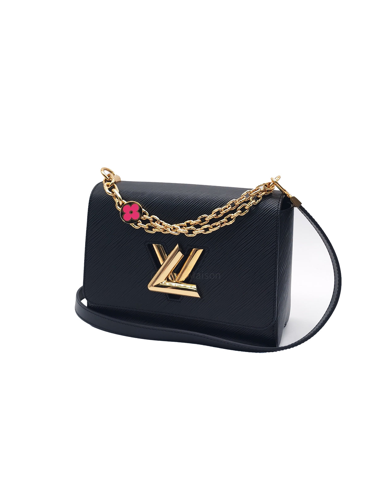 Louis Vuitton Twist Bag MM in Black Epi Leather Monogram Flower Chain and Light Gold Hardware Microchip | Purse Maison Luxury Bags Shop