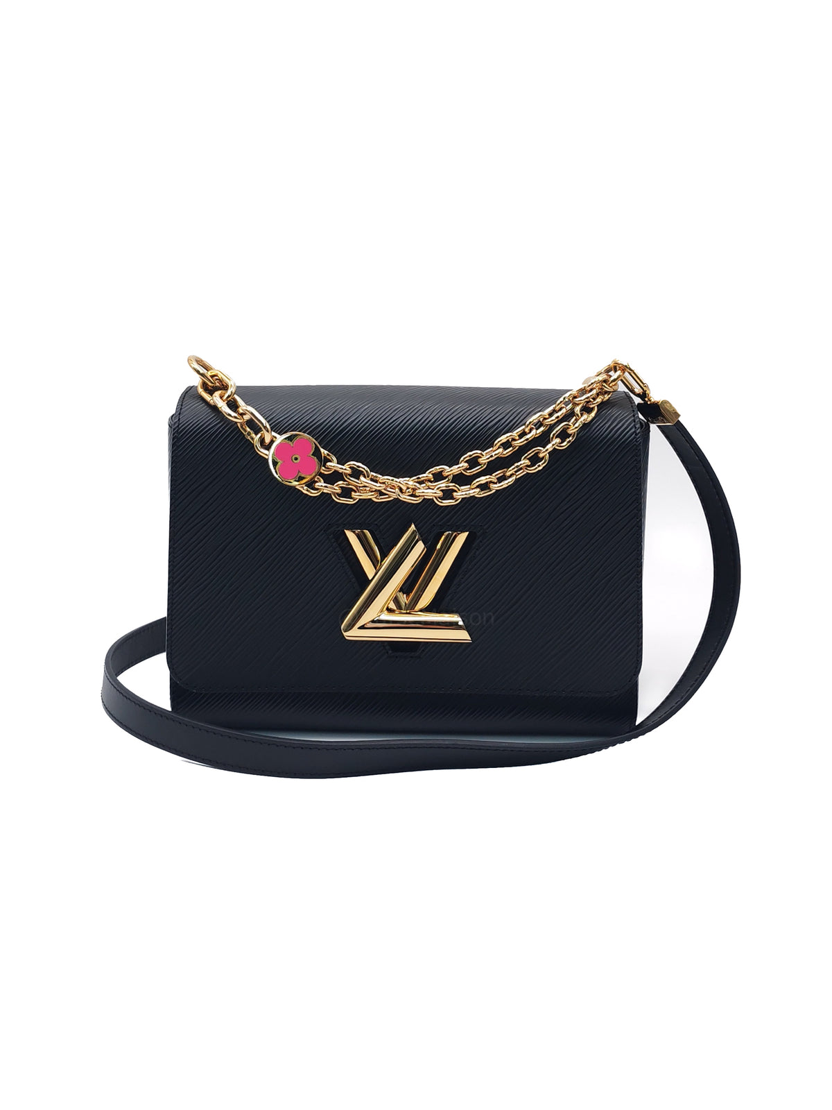 Louis Vuitton Twist Bag MM in Black Epi Leather Monogram Flower Chain and Light Gold Hardware Microchip | Purse Maison Luxury Bags Shop