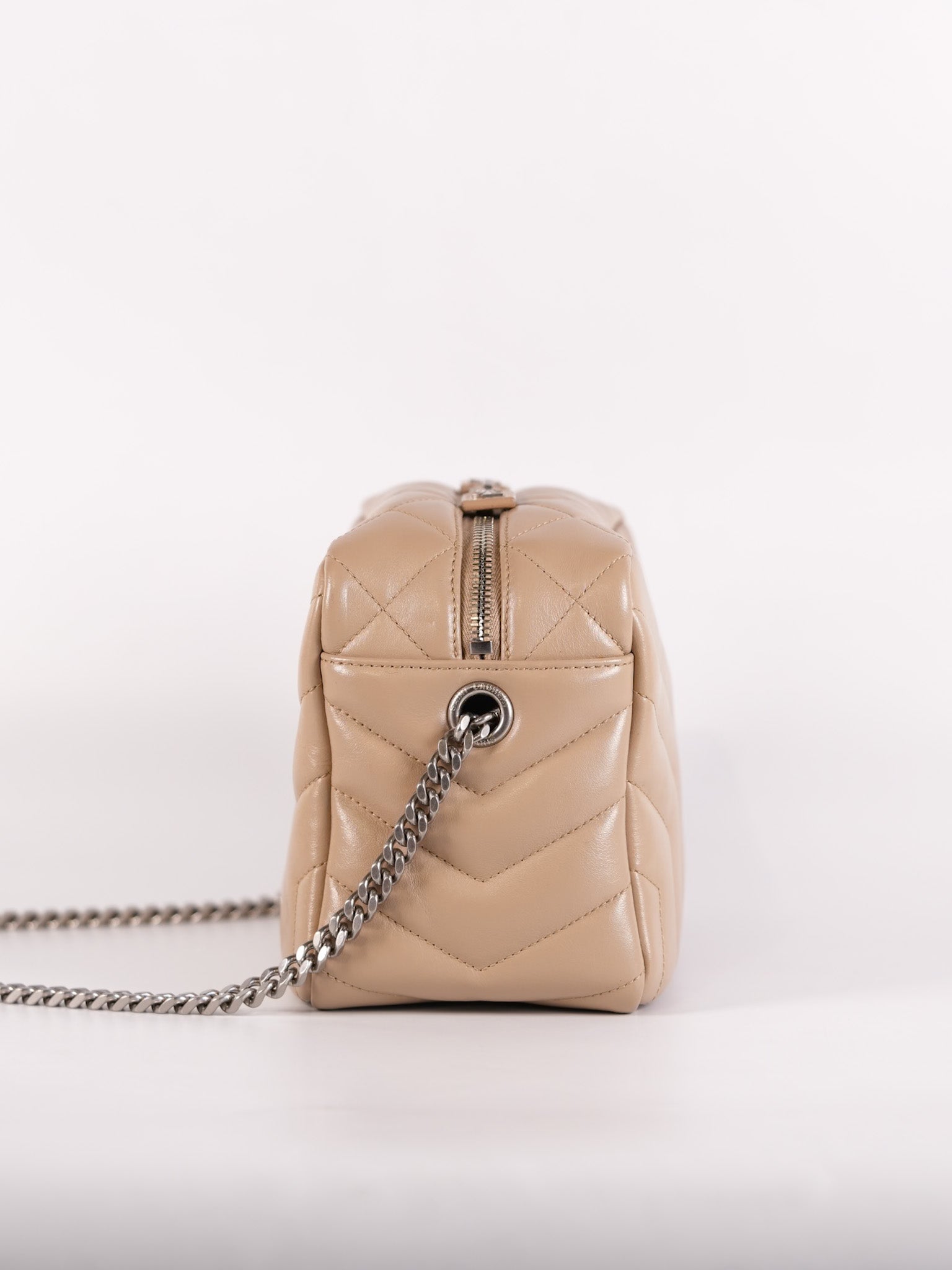 Loulou Bowling Bag in Beige Calfskin Leather & Silver Hardware | Purse Maison Luxury Bags Shop
