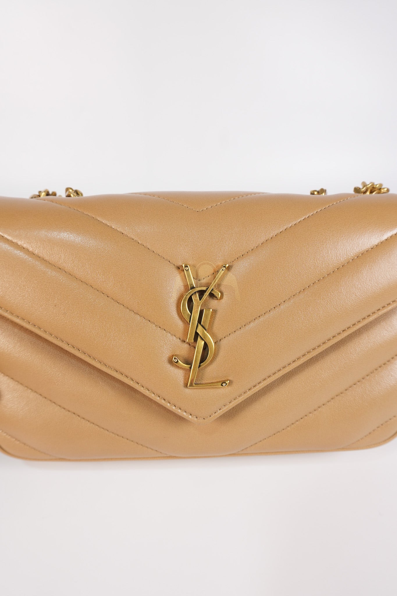 Loulou Shoulder Bag Small in Dark Beige Matelasse Lambskin | Purse Maison Luxury Bags Shop