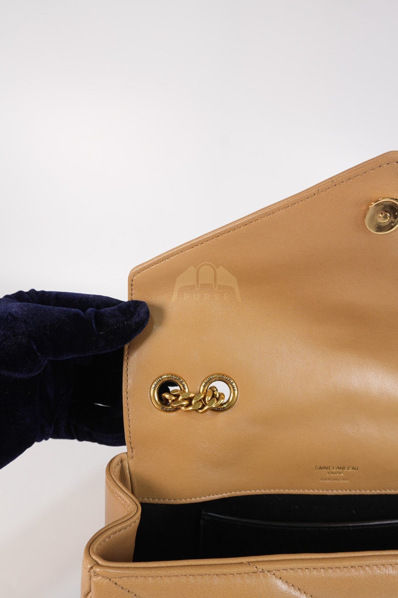 Loulou Shoulder Bag Small in Dark Beige Matelasse Lambskin | Purse Maison Luxury Bags Shop