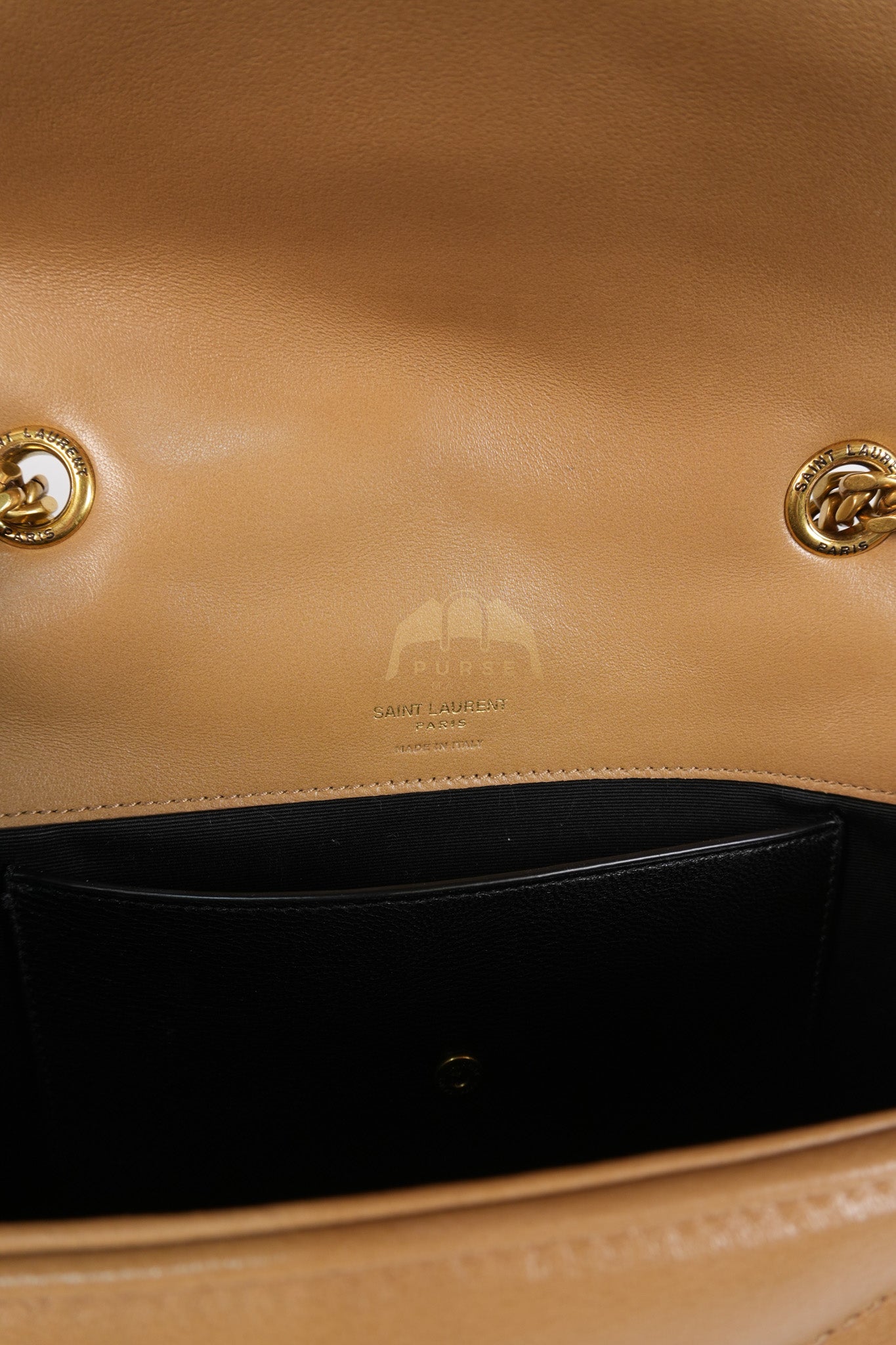 Loulou Shoulder Bag Small in Dark Beige Matelasse Lambskin | Purse Maison Luxury Bags Shop