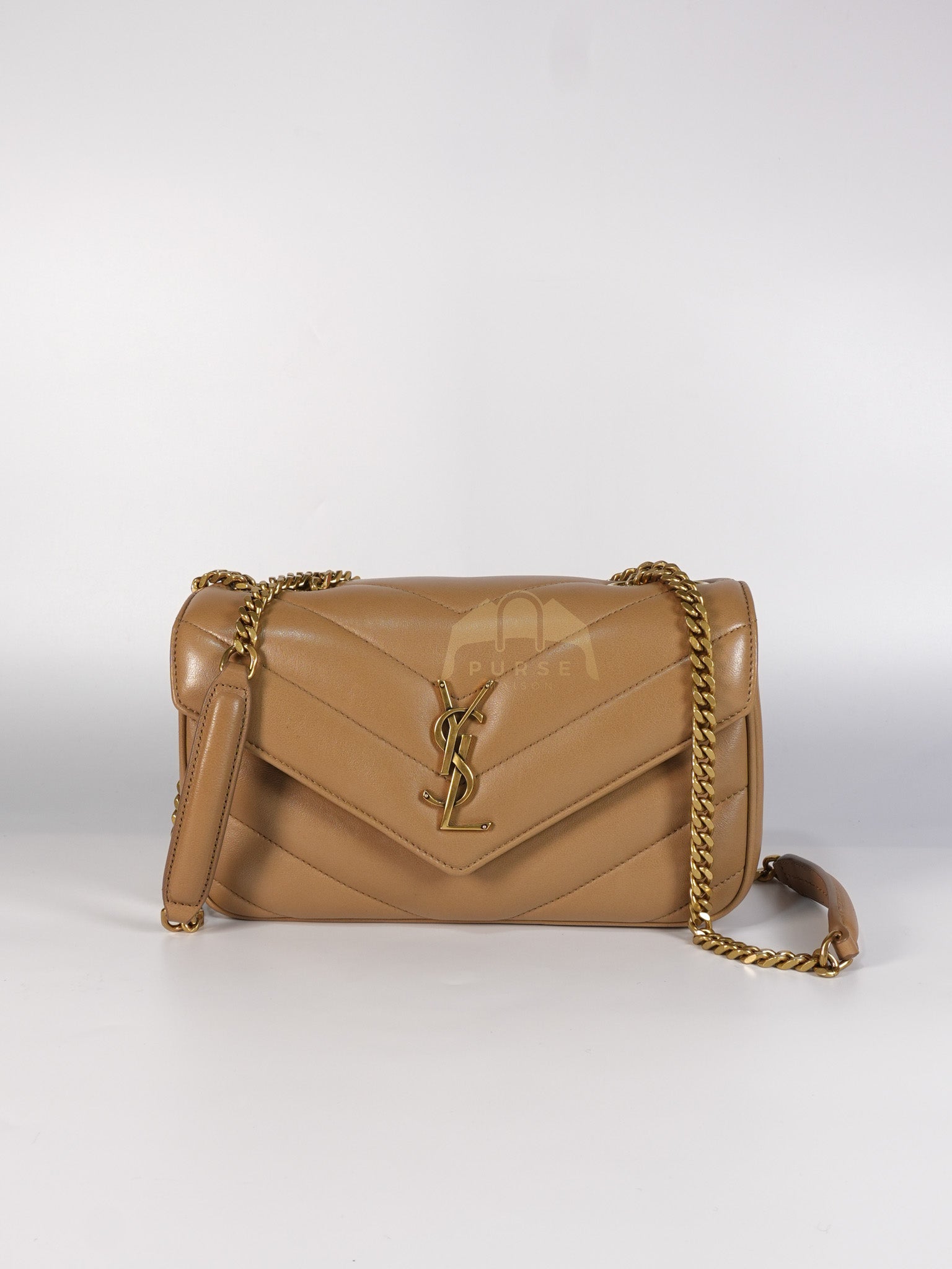 Loulou Shoulder Bag Small in Dark Beige Matelasse Lambskin | Purse Maison Luxury Bags Shop
