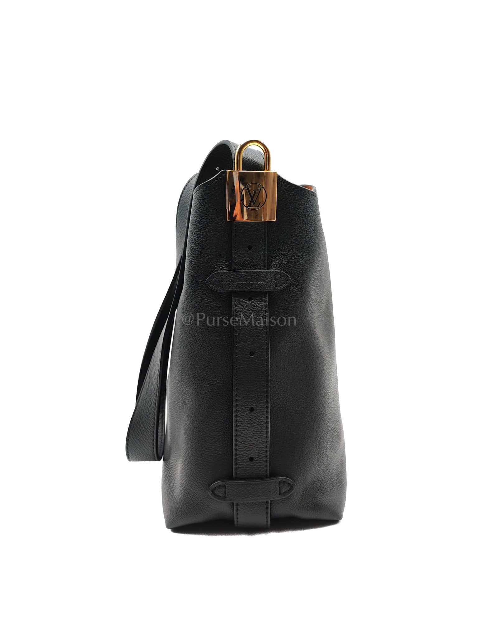 Low Key Hobo PM Black Grained Calfskin Leather Gold Hardware (Microchip) | Purse Maison Luxury Bags Shop