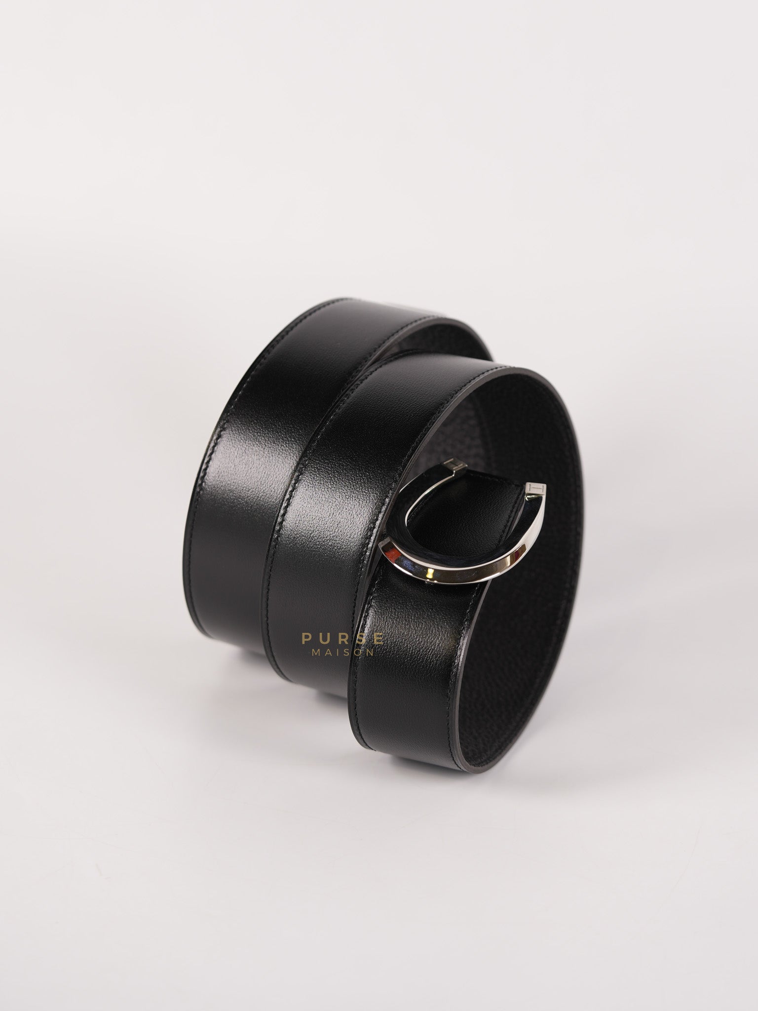 Luck Buckle Noir Reversible Leather Belt in Palladium Hardware 95cm | Purse Maison Luxury Bags Shop