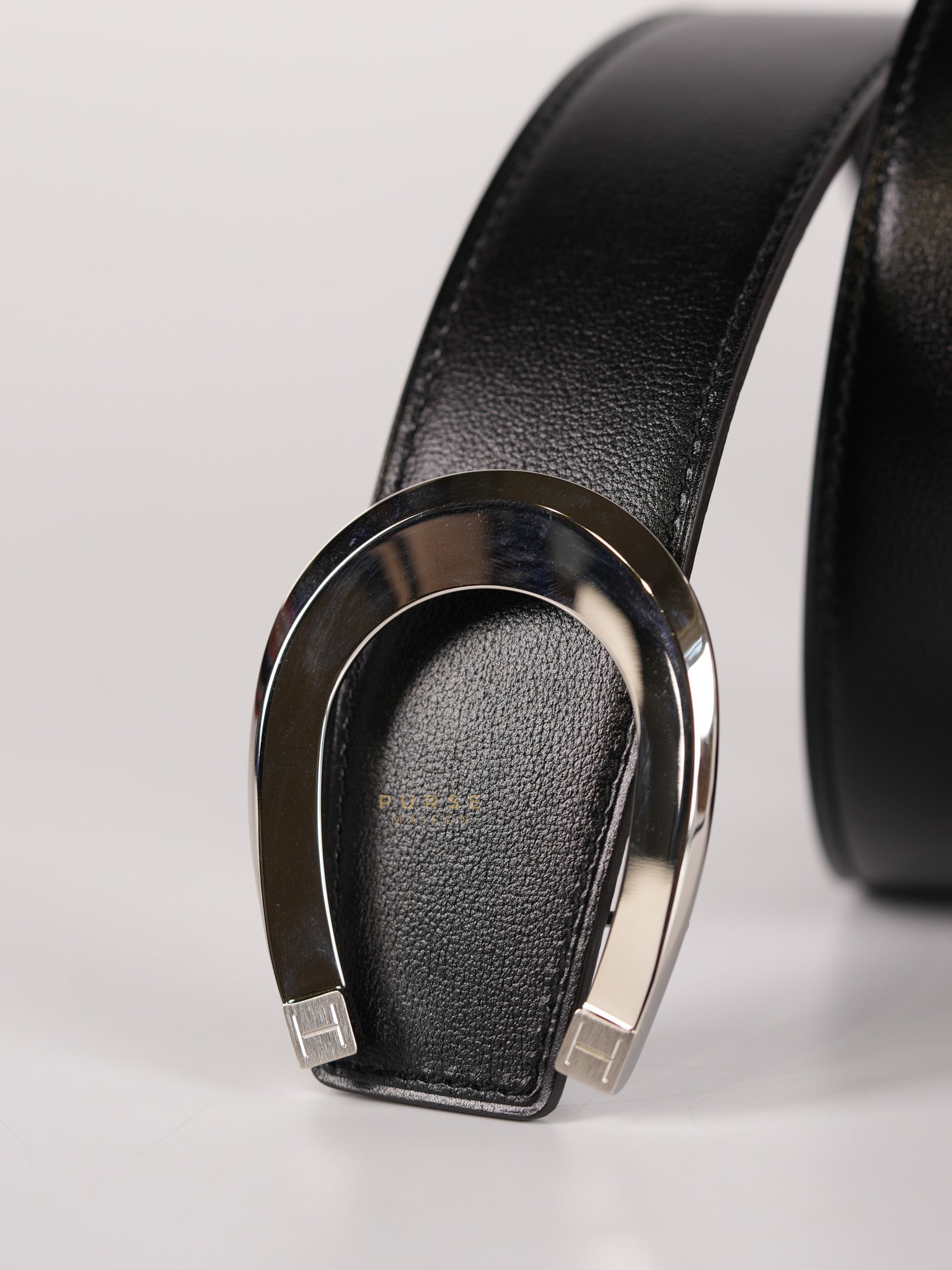 Luck Buckle Noir Reversible Leather Belt in Palladium Hardware 95cm | Purse Maison Luxury Bags Shop