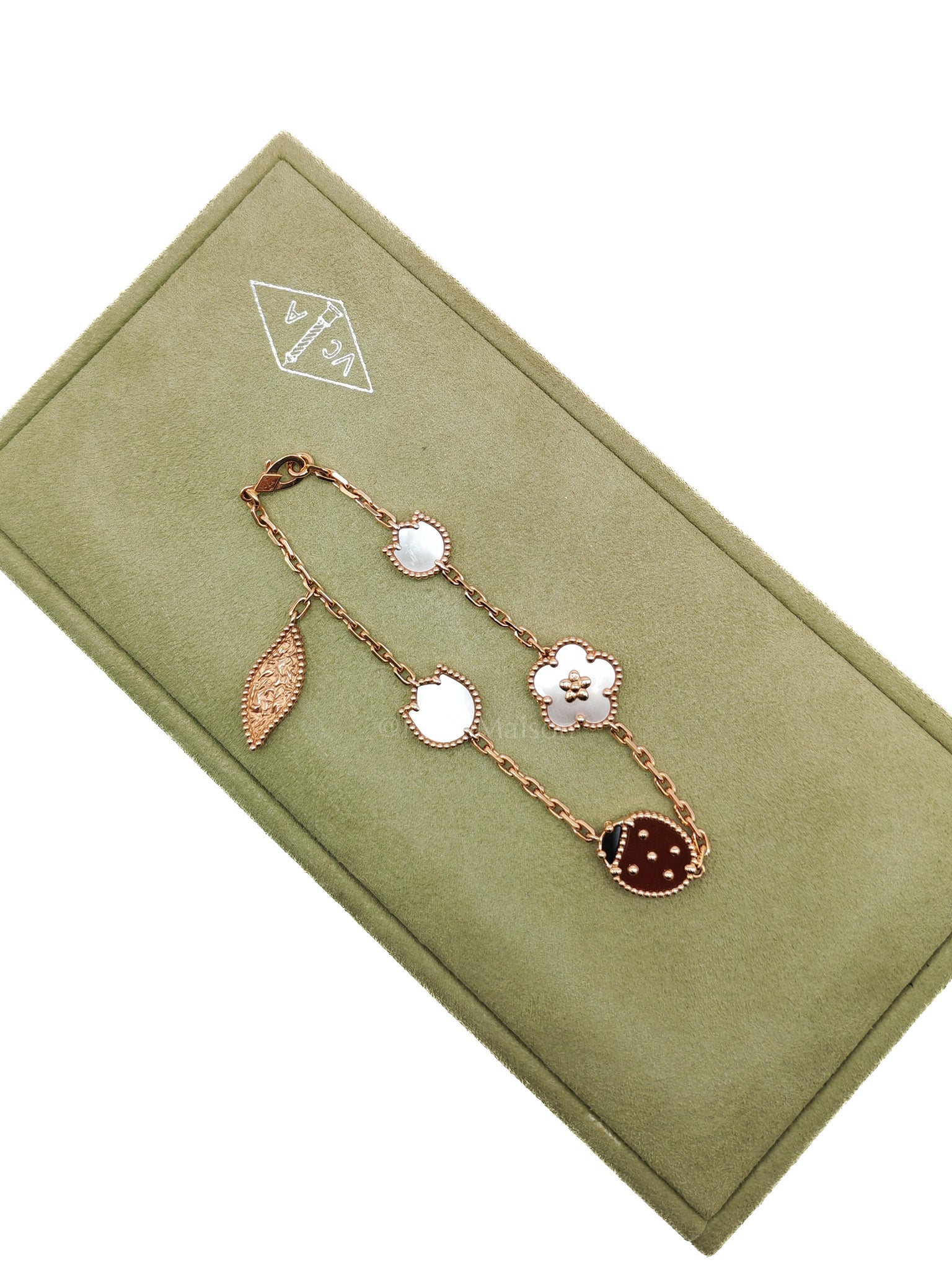 Lucky Spring 5 Motifs Bracelet in Rose Gold White MOP Carnelian Lady Bug Motif and Onyx Year 2024 | Purse Maison Luxury Bags Shop