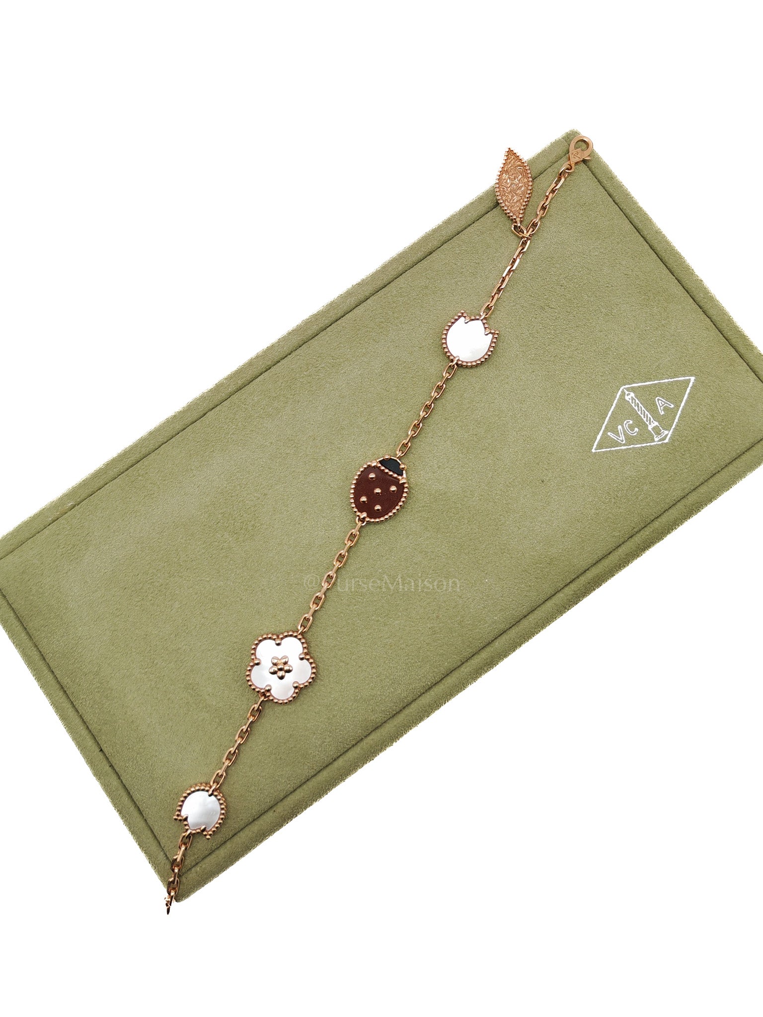 Lucky Spring 5 Motifs Bracelet in Rose Gold White MOP Carnelian Lady Bug Motif and Onyx Year 2024 | Purse Maison Luxury Bags Shop