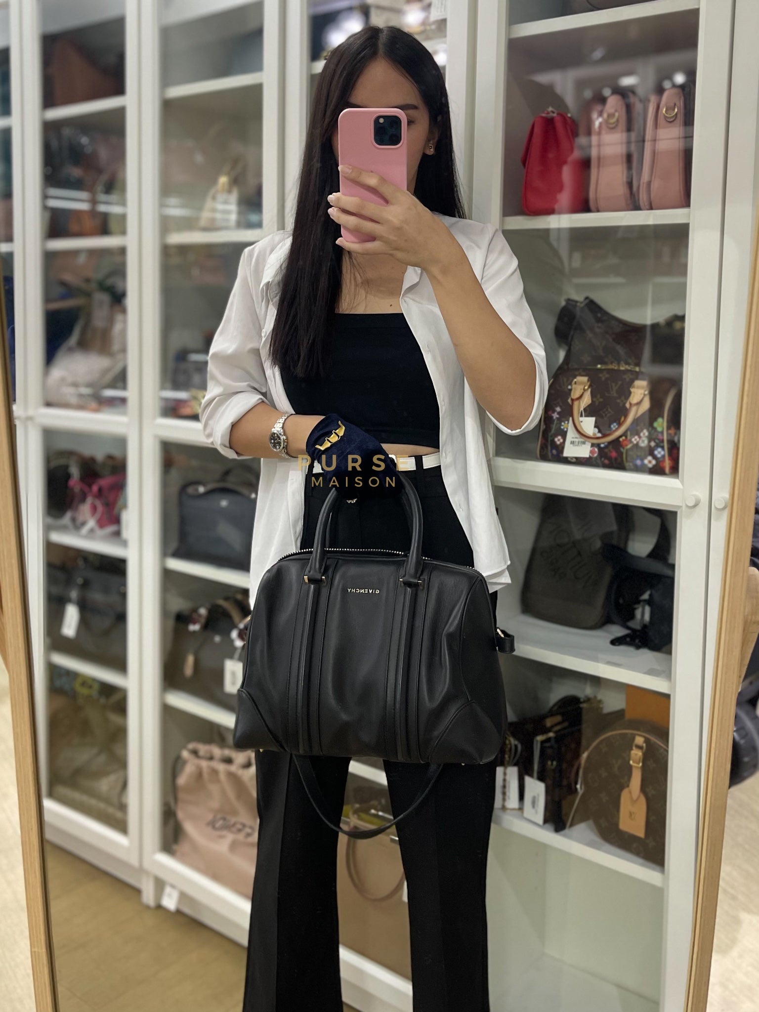 Lucrezia Duffle Bag in Black Smooth Calfskin Leather & Silver Leather | Purse Maison Luxury Bags Shop
