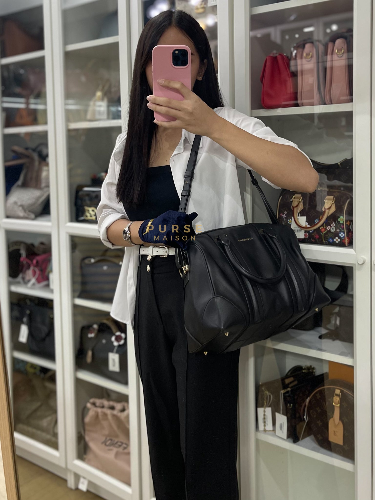 Lucrezia Duffle Bag in Black Smooth Calfskin Leather & Silver Leather | Purse Maison Luxury Bags Shop