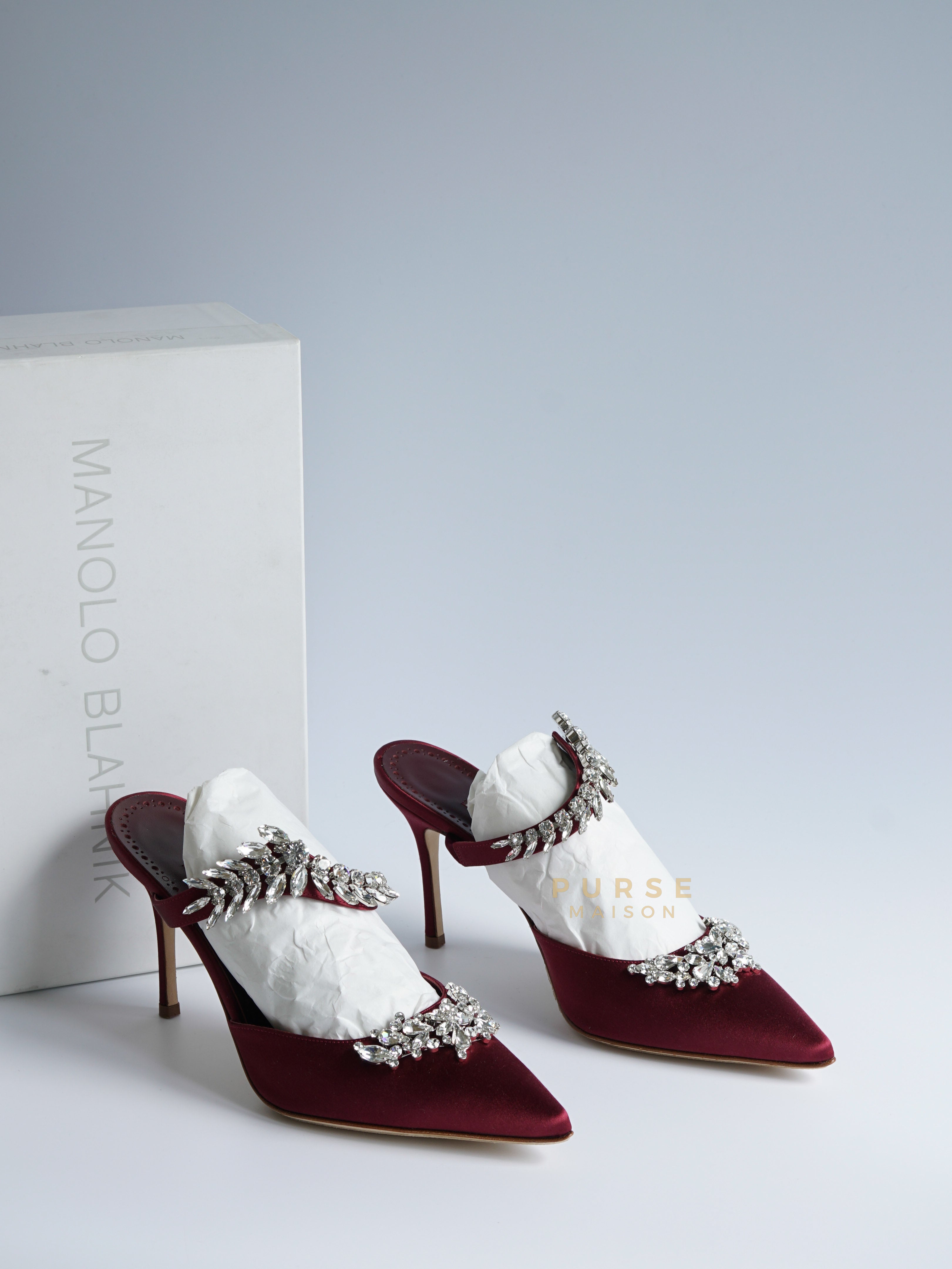 Lurum Crystal Embellished Pointed Toe in Burgundy Satin Sandals Size 39 EUR (26.5cm) | Purse Maison Luxury Bags Shop