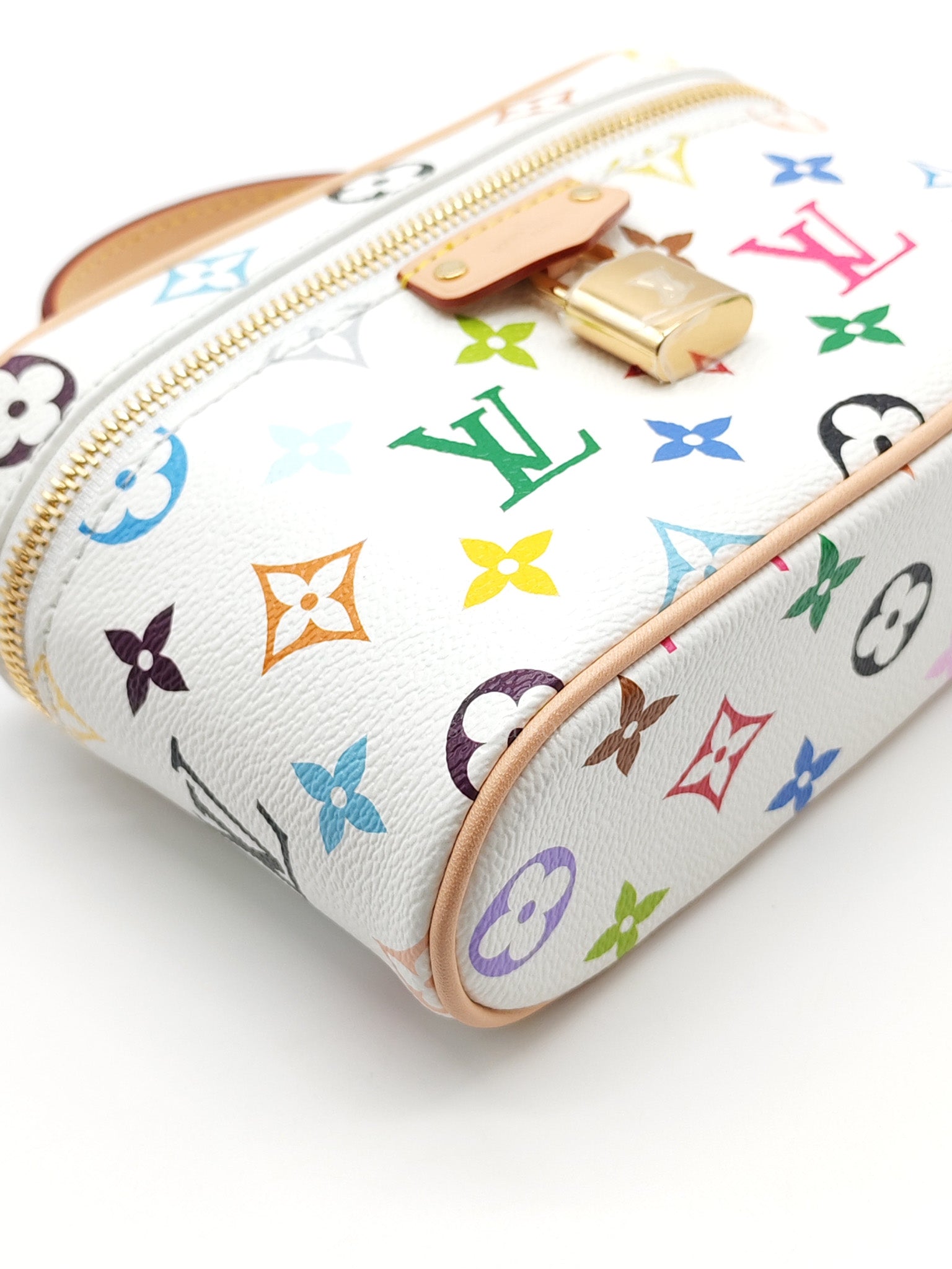 LV x Takashi Murakami Vanity Case in White Monogram Multicolor Canvas & Gold Hardware Microchip | Purse Maison Luxury Bags Shop