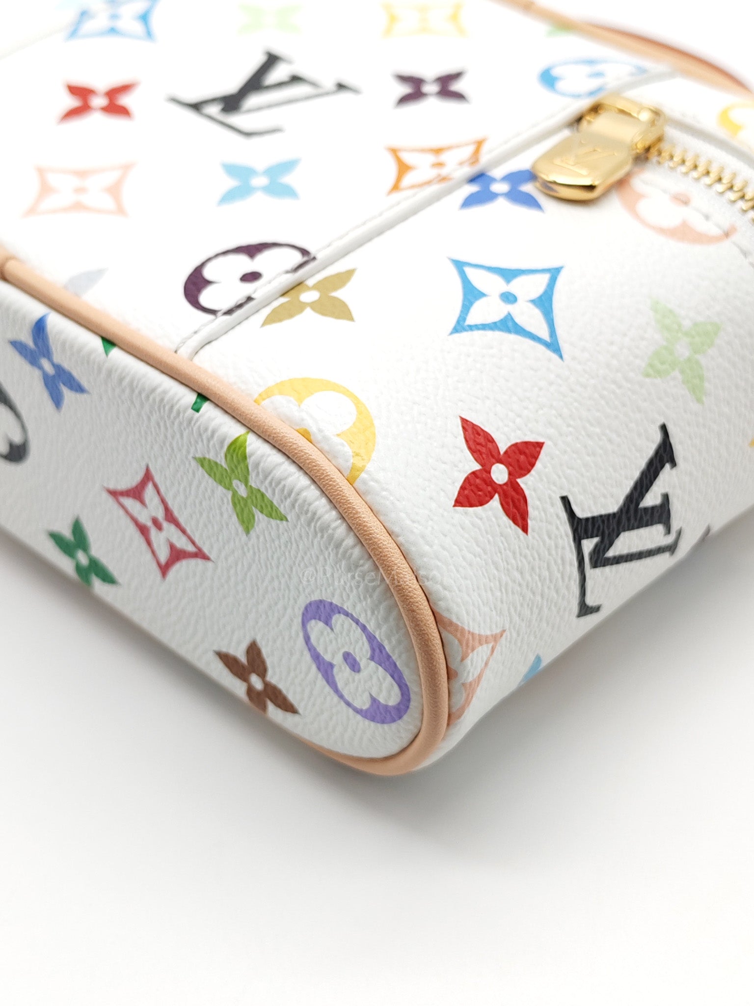 LV x Takashi Murakami Vanity Case in White Monogram Multicolor Canvas & Gold Hardware Microchip | Purse Maison Luxury Bags Shop