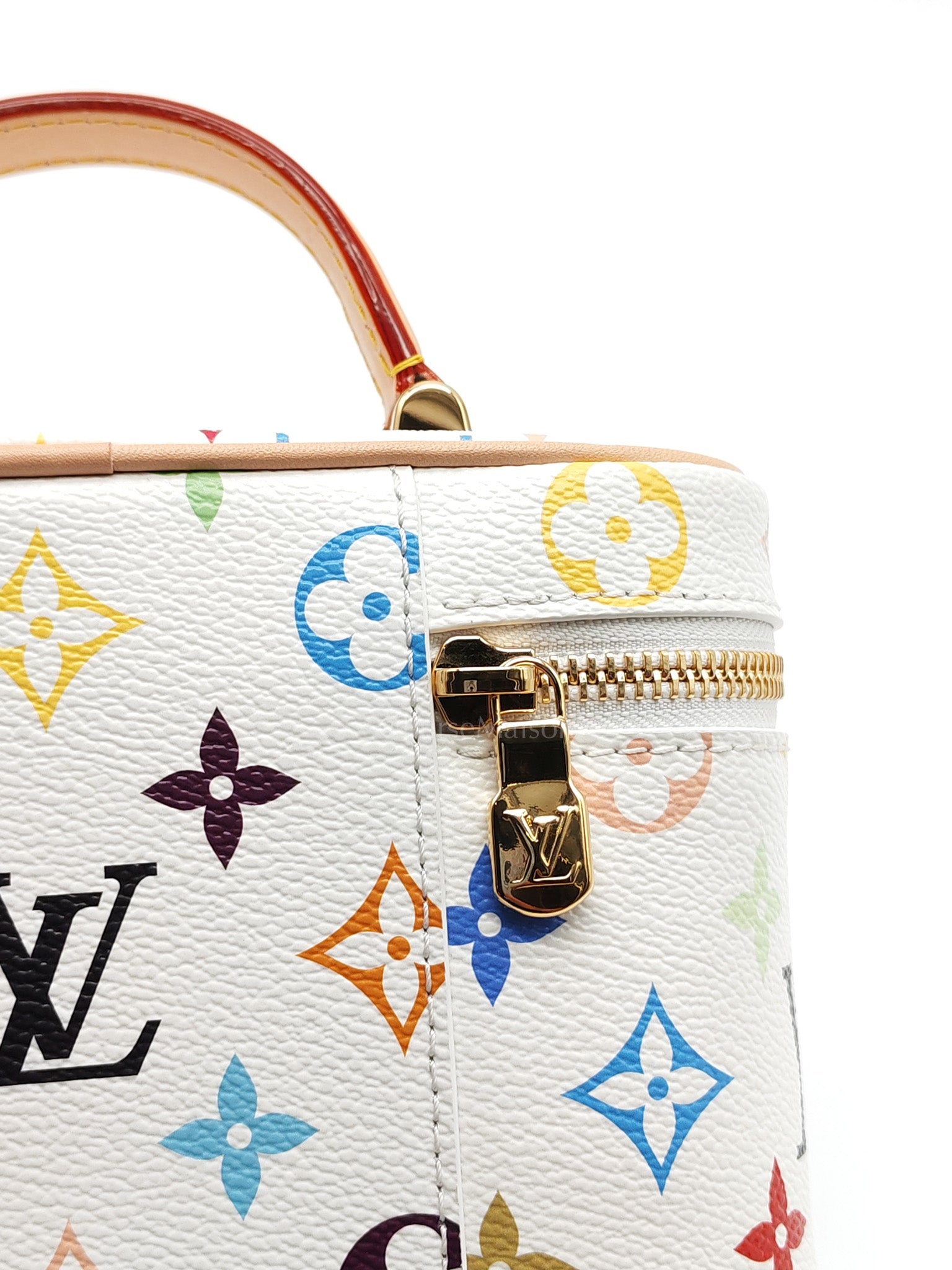 LV x Takashi Murakami Vanity Case in White Monogram Multicolor Canvas & Gold Hardware Microchip | Purse Maison Luxury Bags Shop