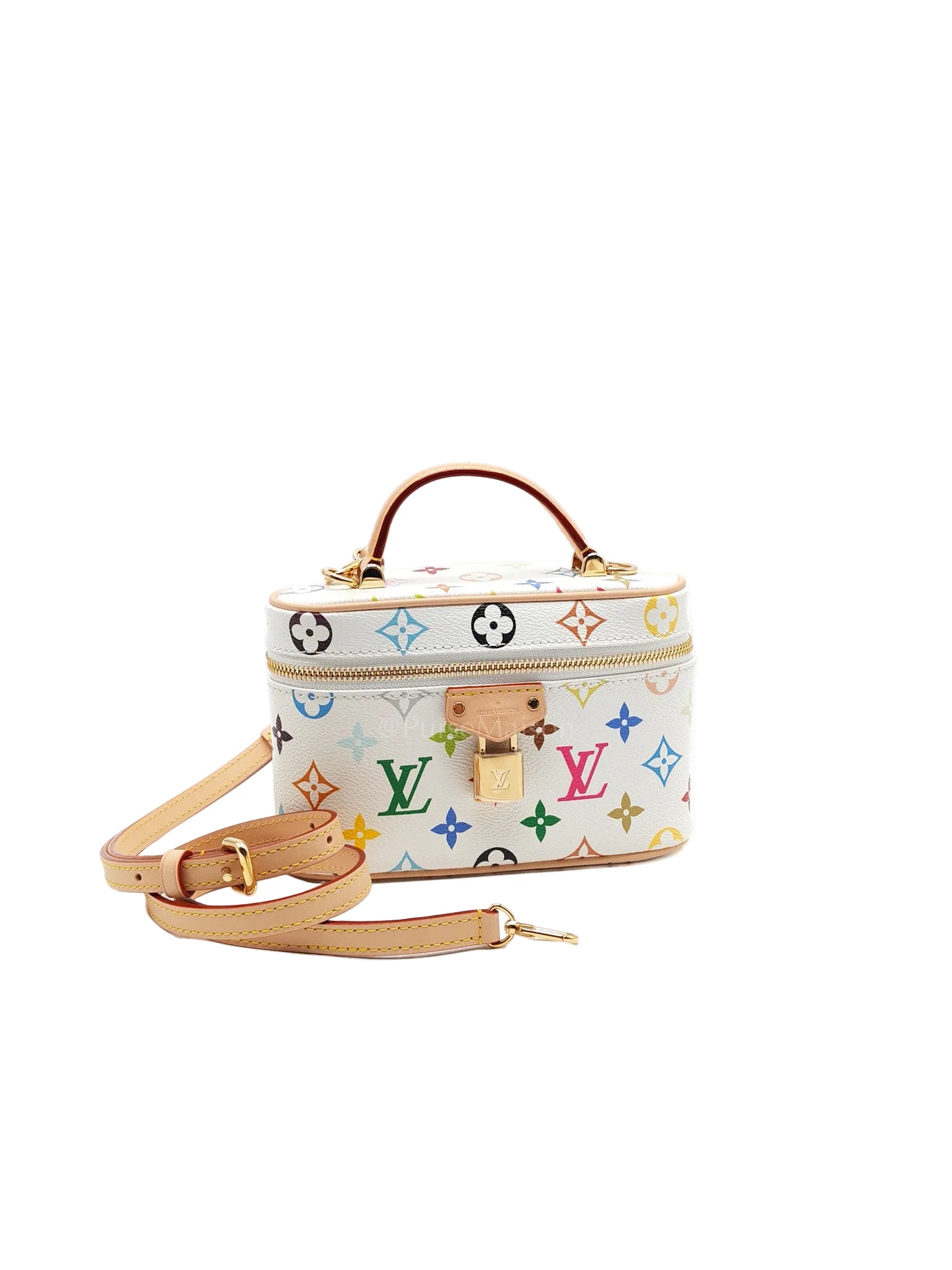 LV x Takashi Murakami Vanity Case in White Monogram Multicolor Canvas & Gold Hardware Microchip | Purse Maison Luxury Bags Shop