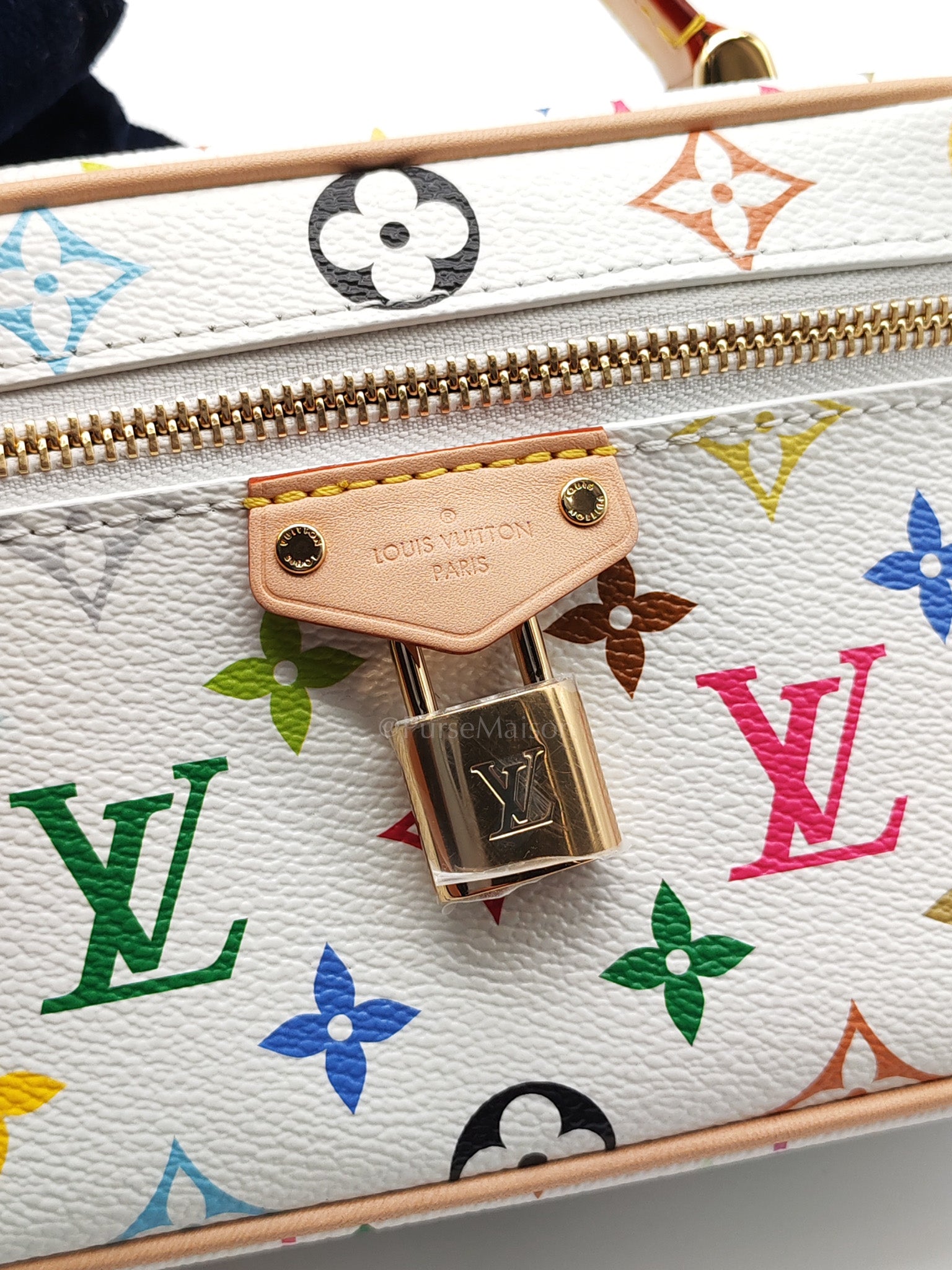 LV x Takashi Murakami Vanity Case in White Monogram Multicolor Canvas & Gold Hardware Microchip | Purse Maison Luxury Bags Shop