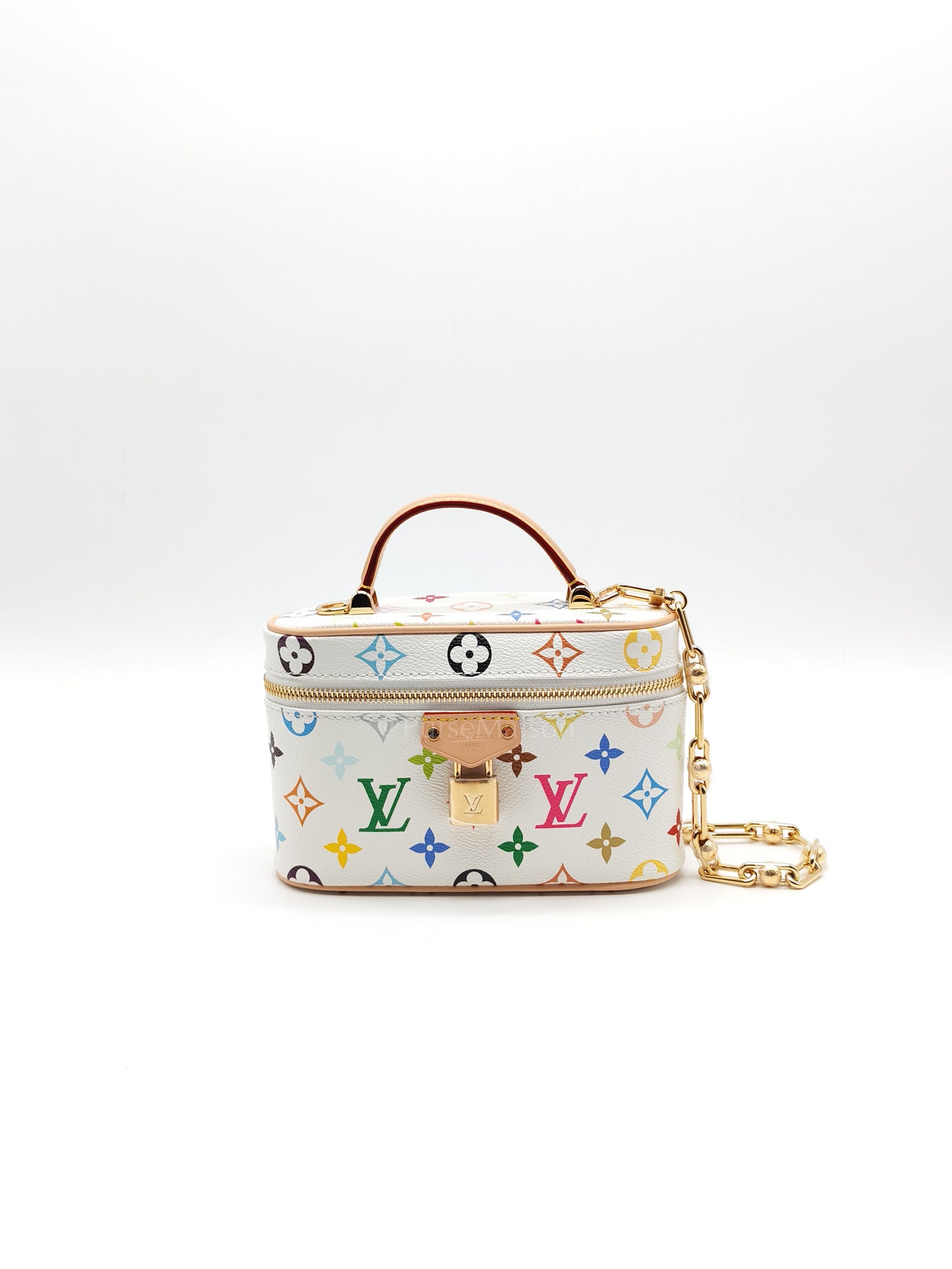 LV x Takashi Murakami Vanity Case in White Monogram Multicolor Canvas & Gold Hardware Microchip | Purse Maison Luxury Bags Shop