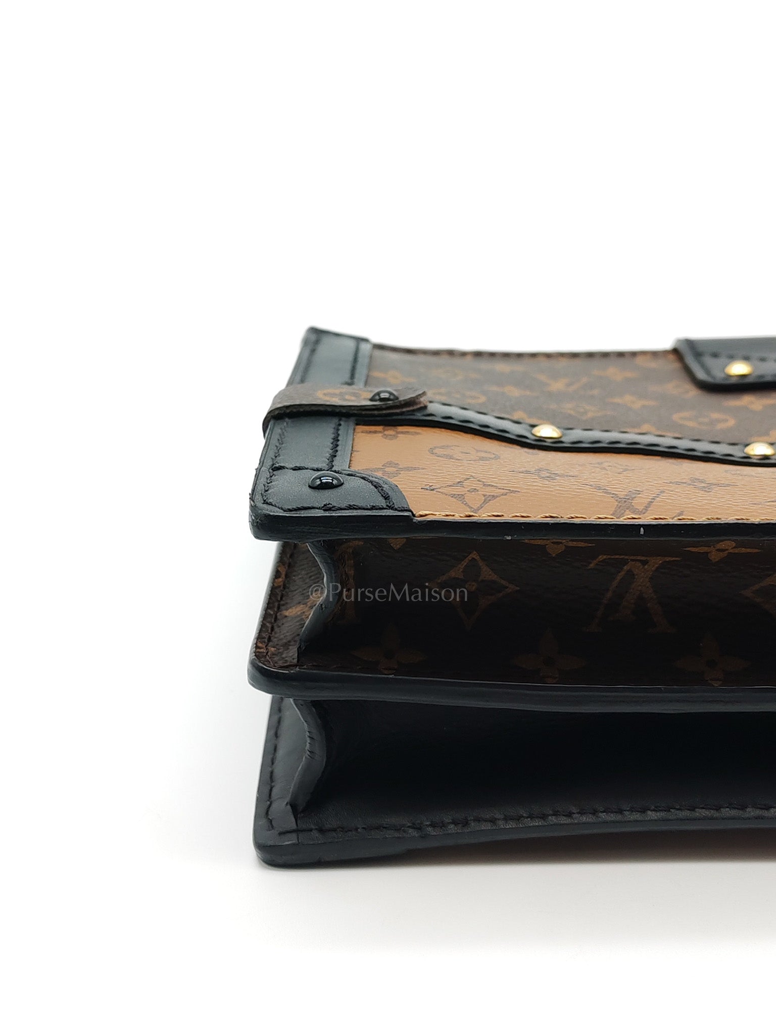 Trunk Clutch in Reverse Monogram & Gold Hardware Microchip